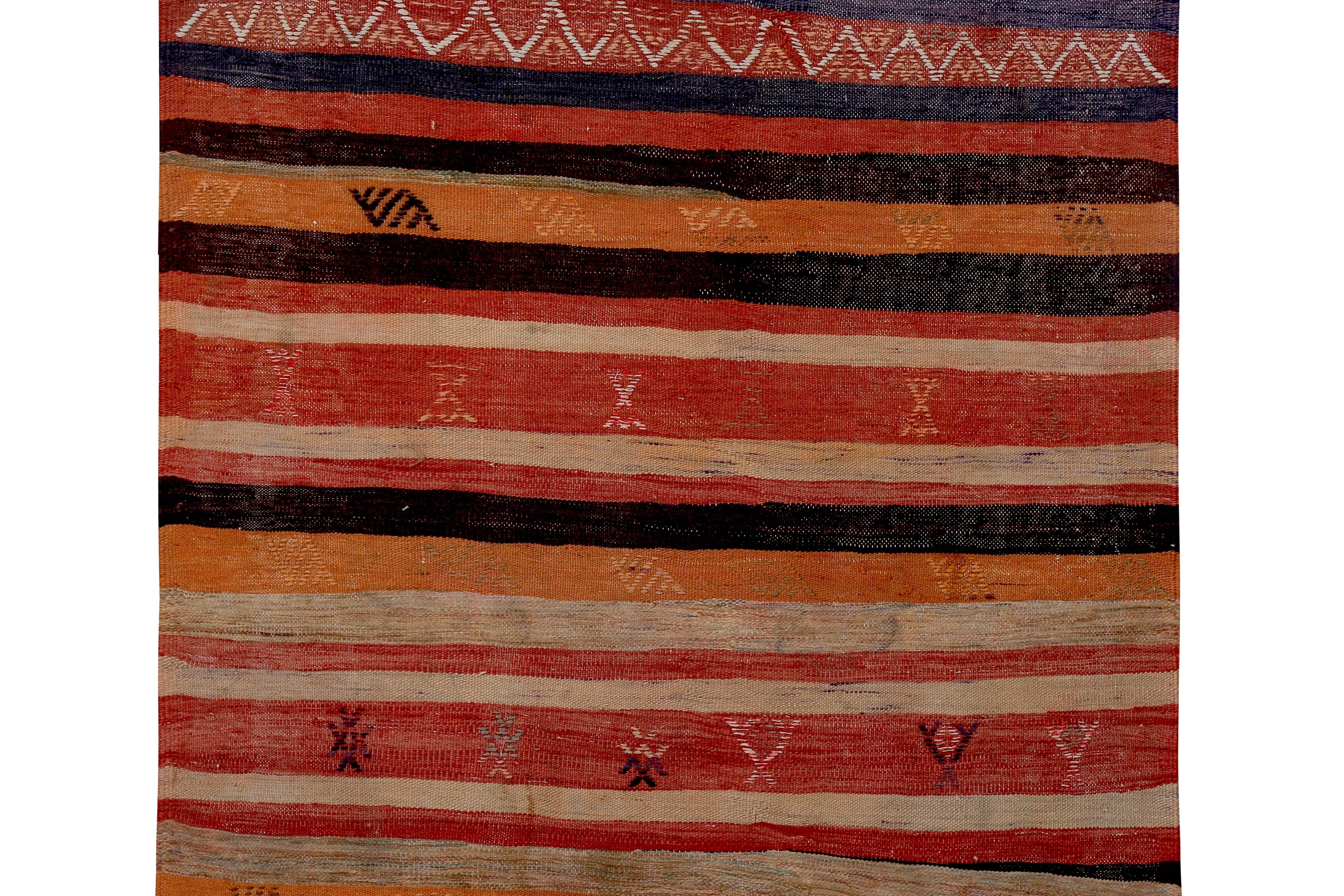 Hand-Woven Turkish Kilim Runner Rug with Red and Orange Stripes and Tribal Patterns For Sale