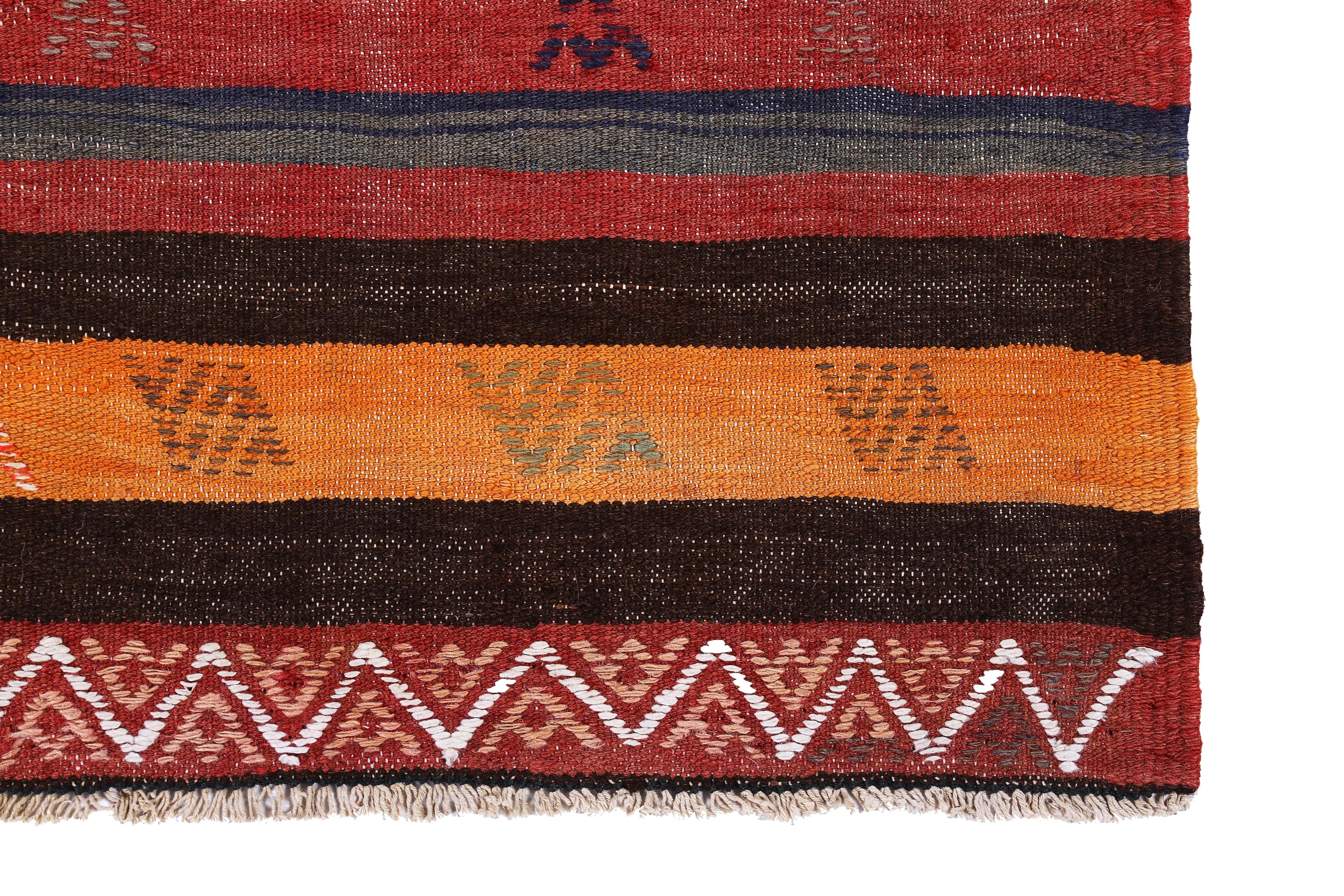Turkish Kilim Runner Rug with Red and Orange Stripes and Tribal Patterns In New Condition For Sale In Dallas, TX