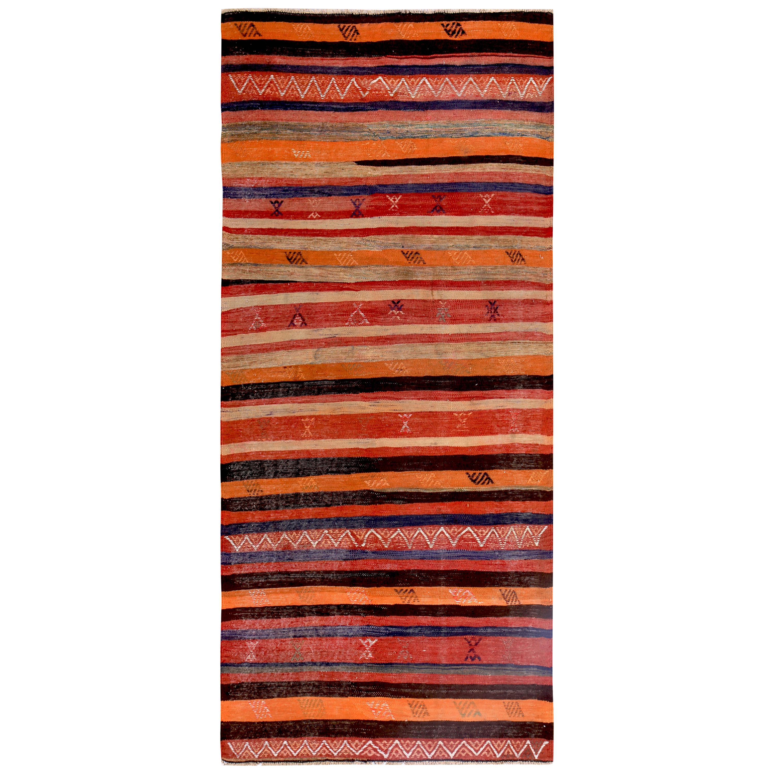 Turkish Kilim Runner Rug with Red and Orange Stripes and Tribal Patterns