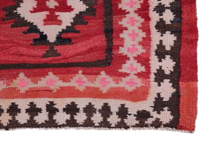 Turkish Kilim Runner Rug with Red, Pink and White Diamond Pattern In New Condition For Sale In Dallas, TX