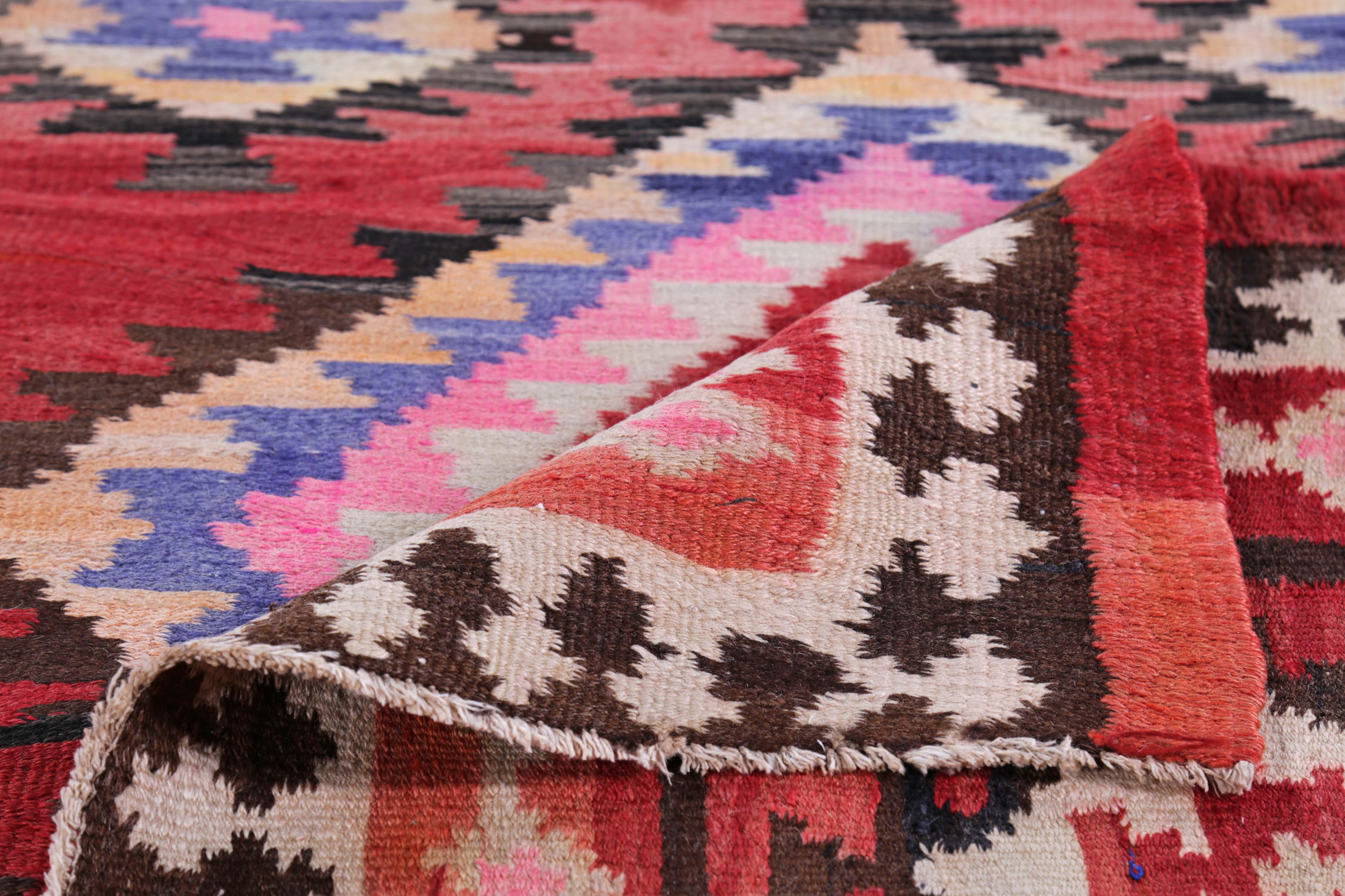 Hand-Woven Turkish Kilim Runner Rug with Red, Pink and White Diamond Pattern For Sale
