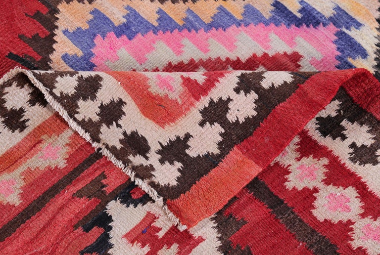 Wool Turkish Kilim Runner Rug with Red, Pink and White Diamond Pattern For Sale