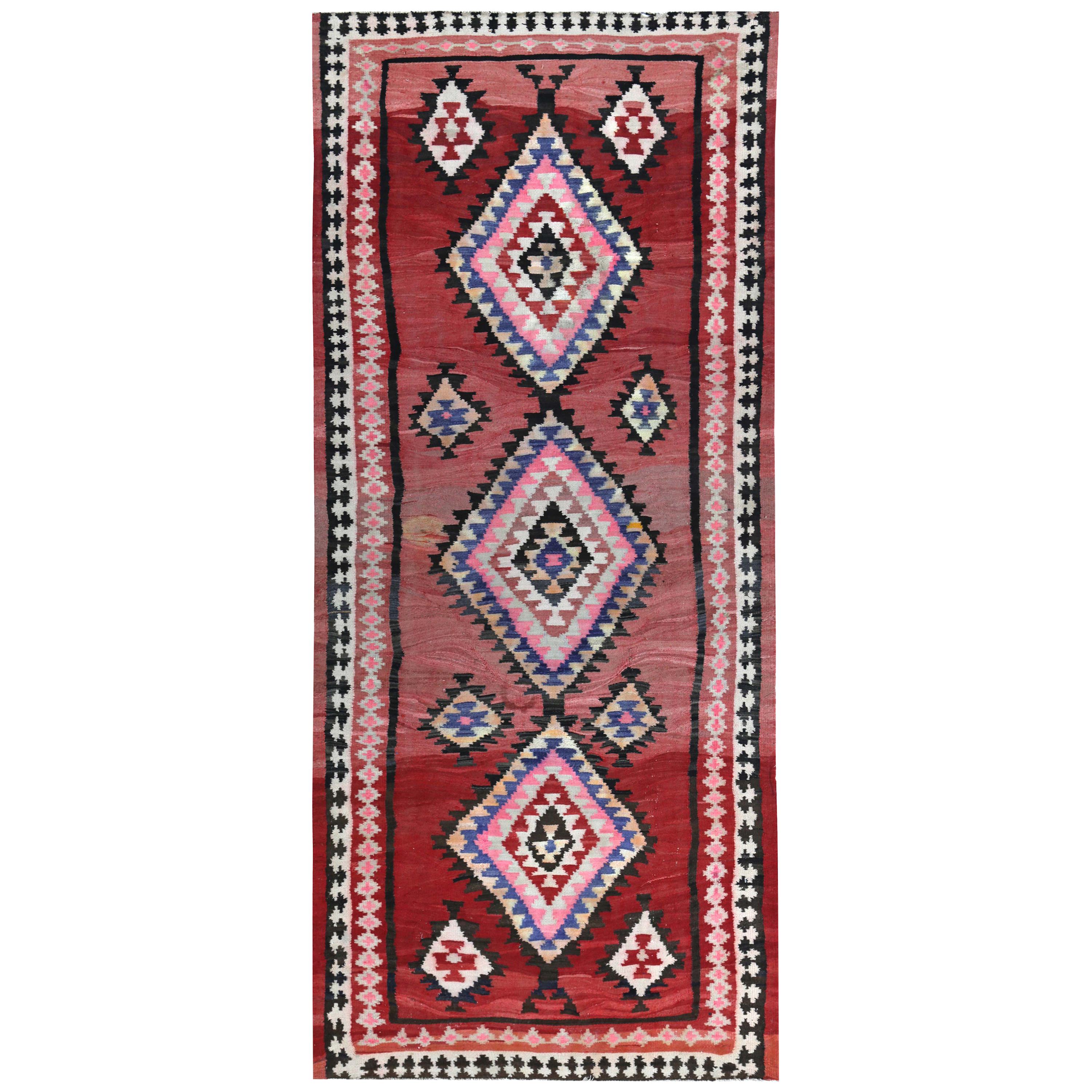Turkish Kilim Runner Rug with Red, Pink and White Diamond Pattern For Sale