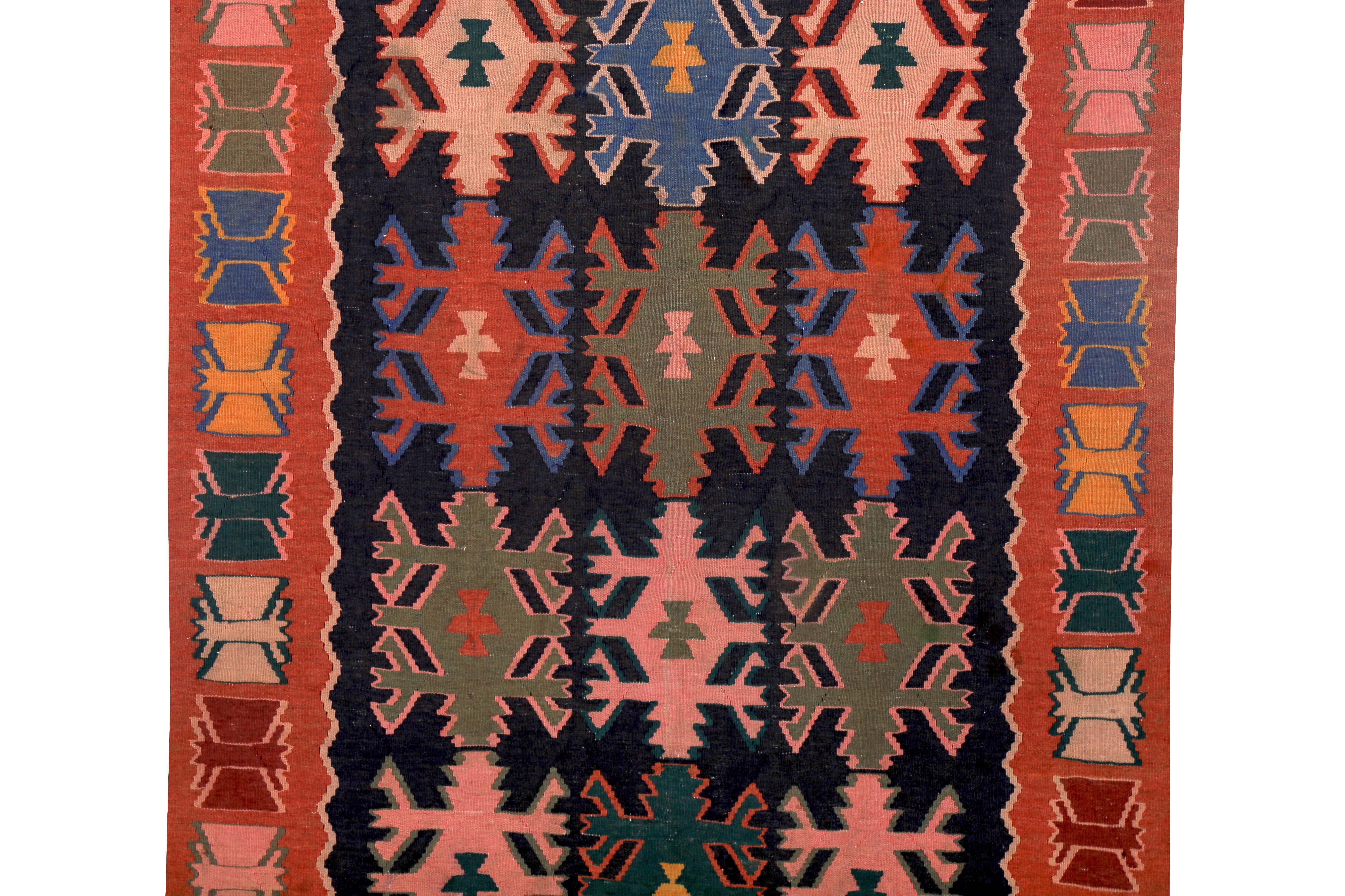 Hand-Woven Turkish Kilim Runner Rug with Tribal Details in Green, Blue and Pink For Sale