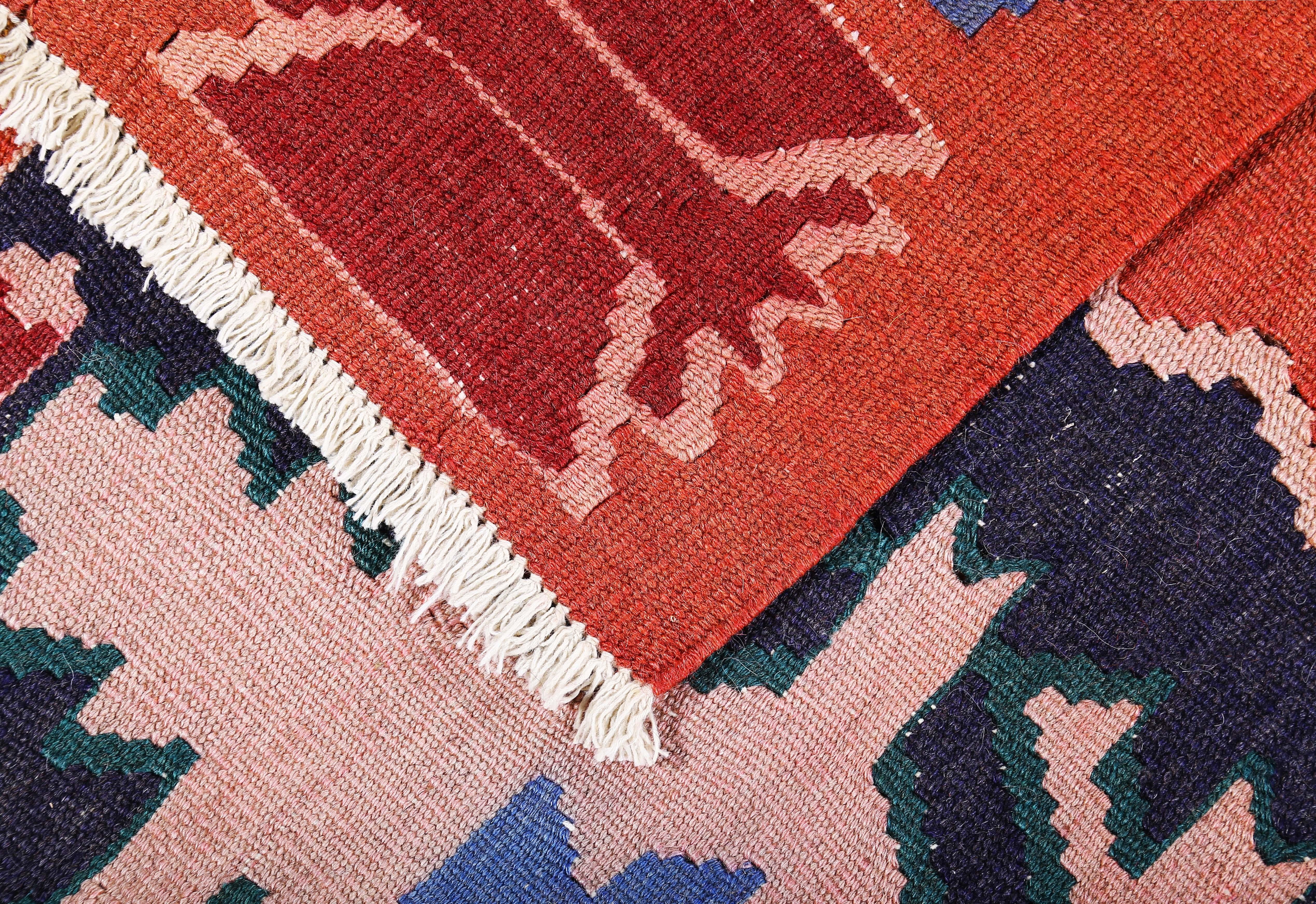 Wool Turkish Kilim Runner Rug with Tribal Details in Green, Blue and Pink For Sale