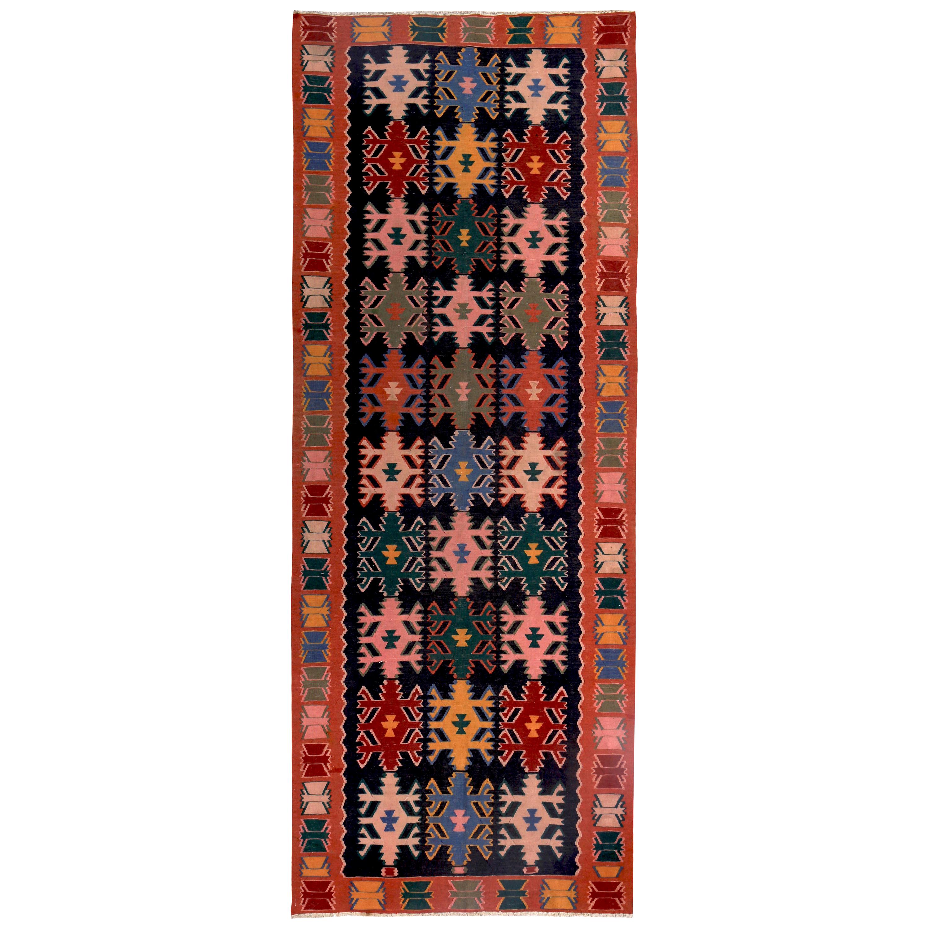 Turkish Kilim Runner Rug with Tribal Details in Green, Blue and Pink