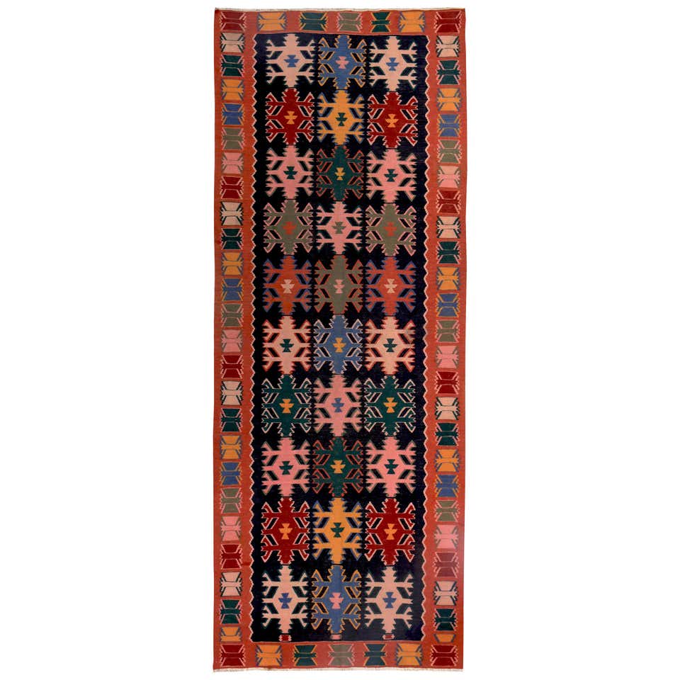 Turkish Kilim Runner Rug with Tribal Details in Red, Blue and Orange at ...