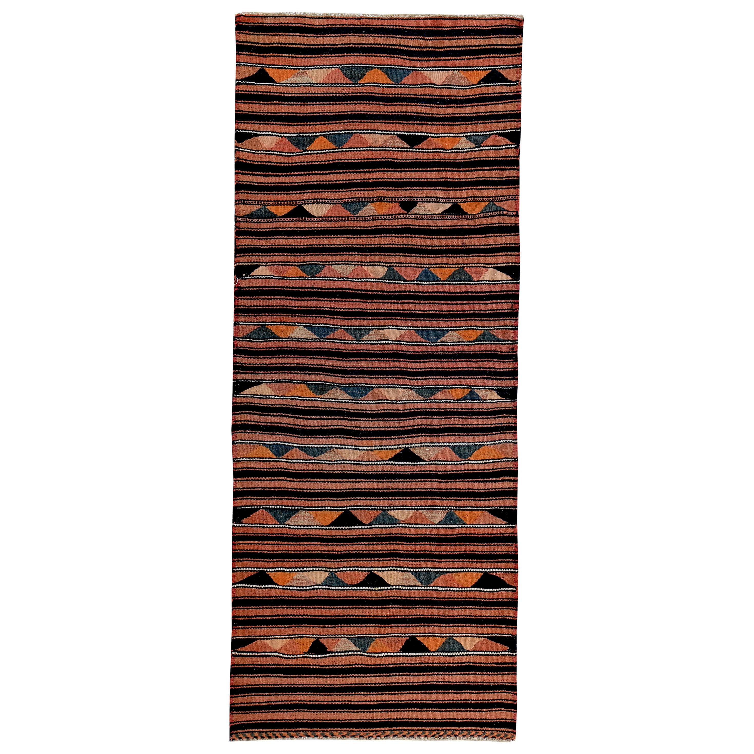 Turkish Kilim Runner Rug with Tribal Details in Red, Black and Orange For Sale