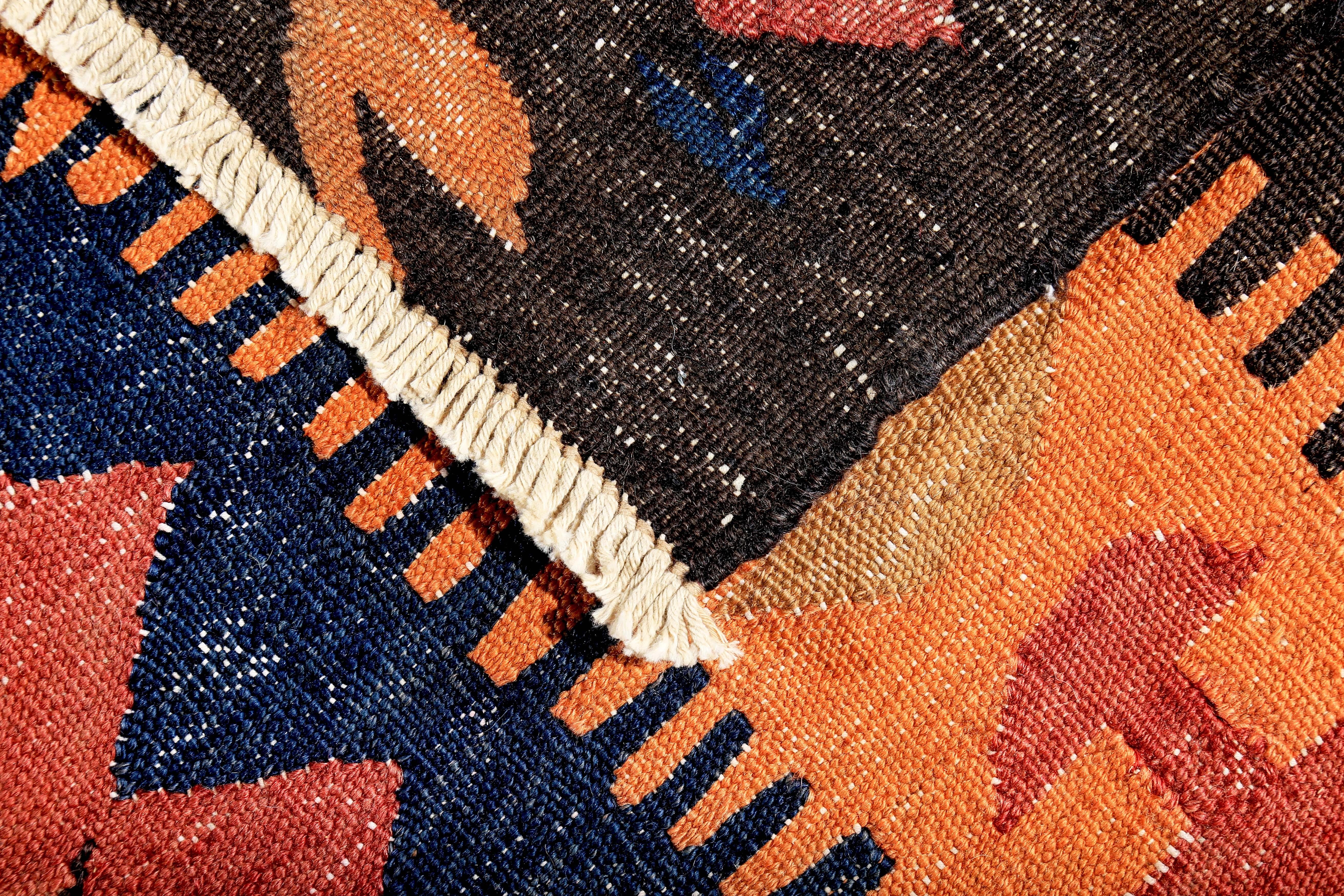 Hand-Woven Turkish Kilim Runner Rug with Tribal Details in Red, Blue and Orange