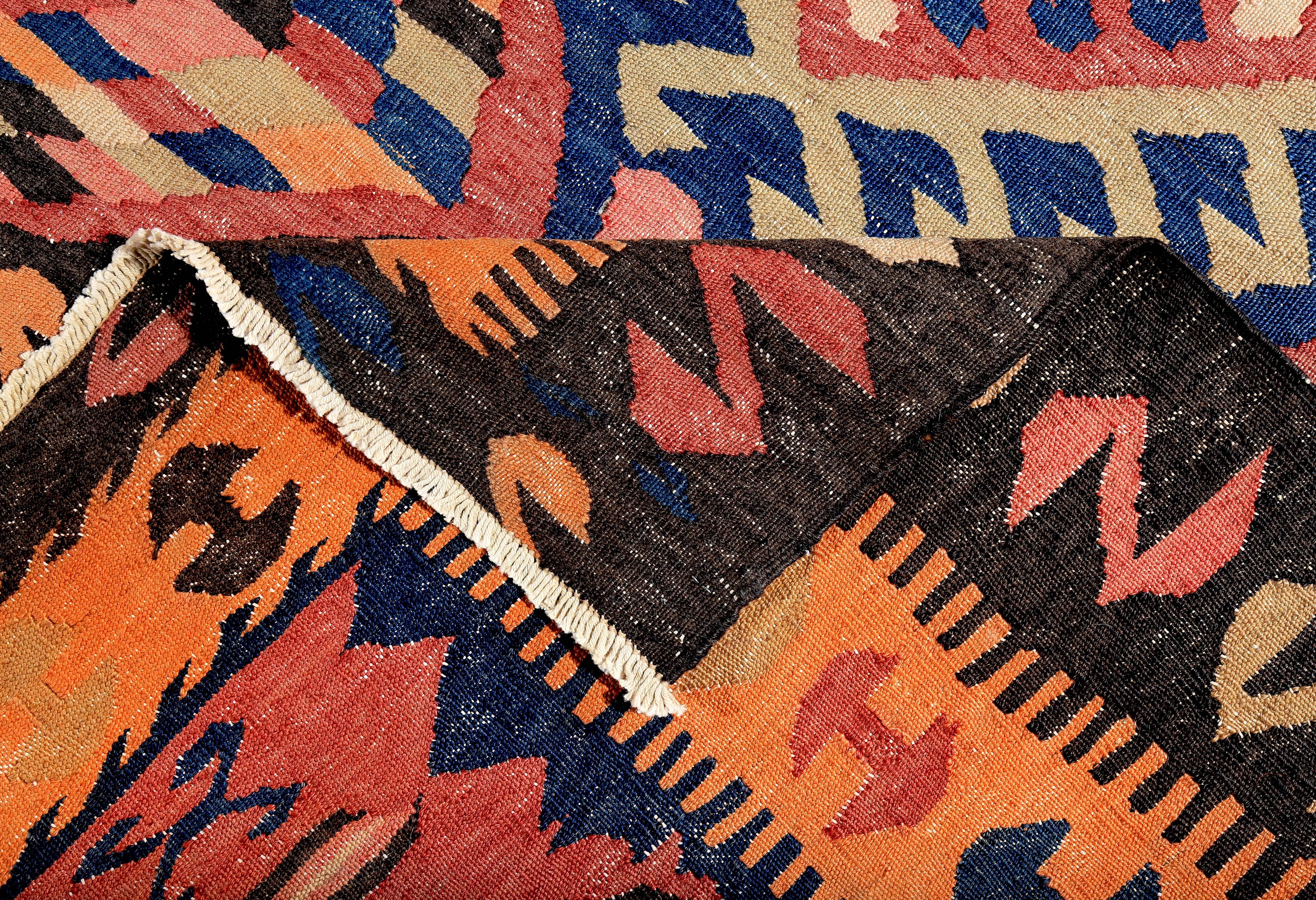 Turkish Kilim Runner Rug with Tribal Details in Red, Blue and Orange In New Condition In Dallas, TX