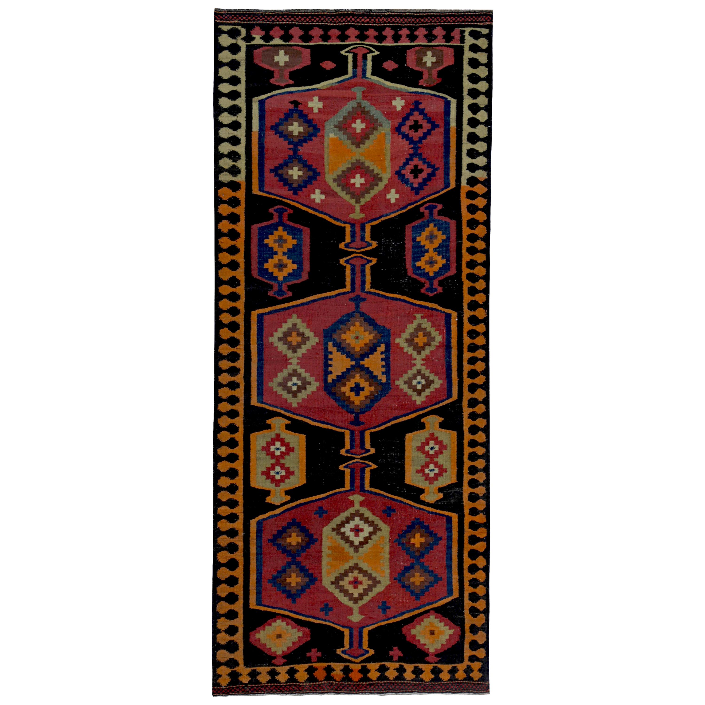 Turkish Kilim Runner Rug with Tribal Details in Red, Orange and Black For Sale