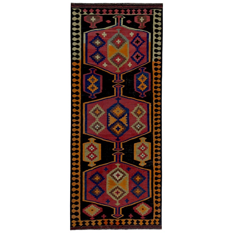Turkish Kilim Runner Rug with Tribal Details in Red, Orange and Black