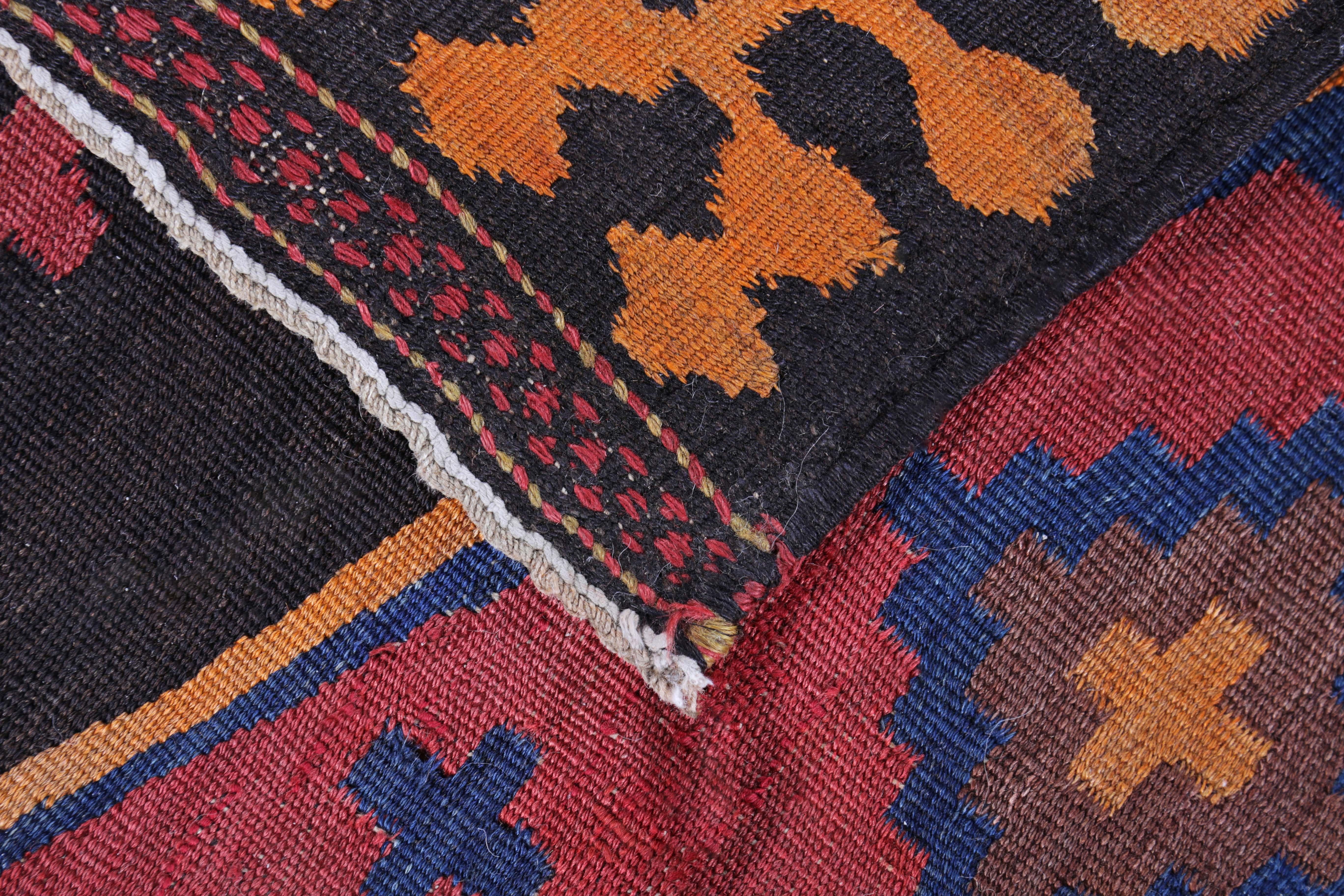 Hand-Woven Turkish Kilim Runner Rug with Tribal Details in Red, Orange and Black For Sale