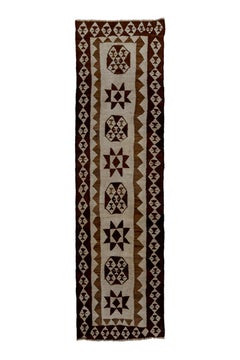 Turkish Kilim Runner with Ecru Field and Brown Border