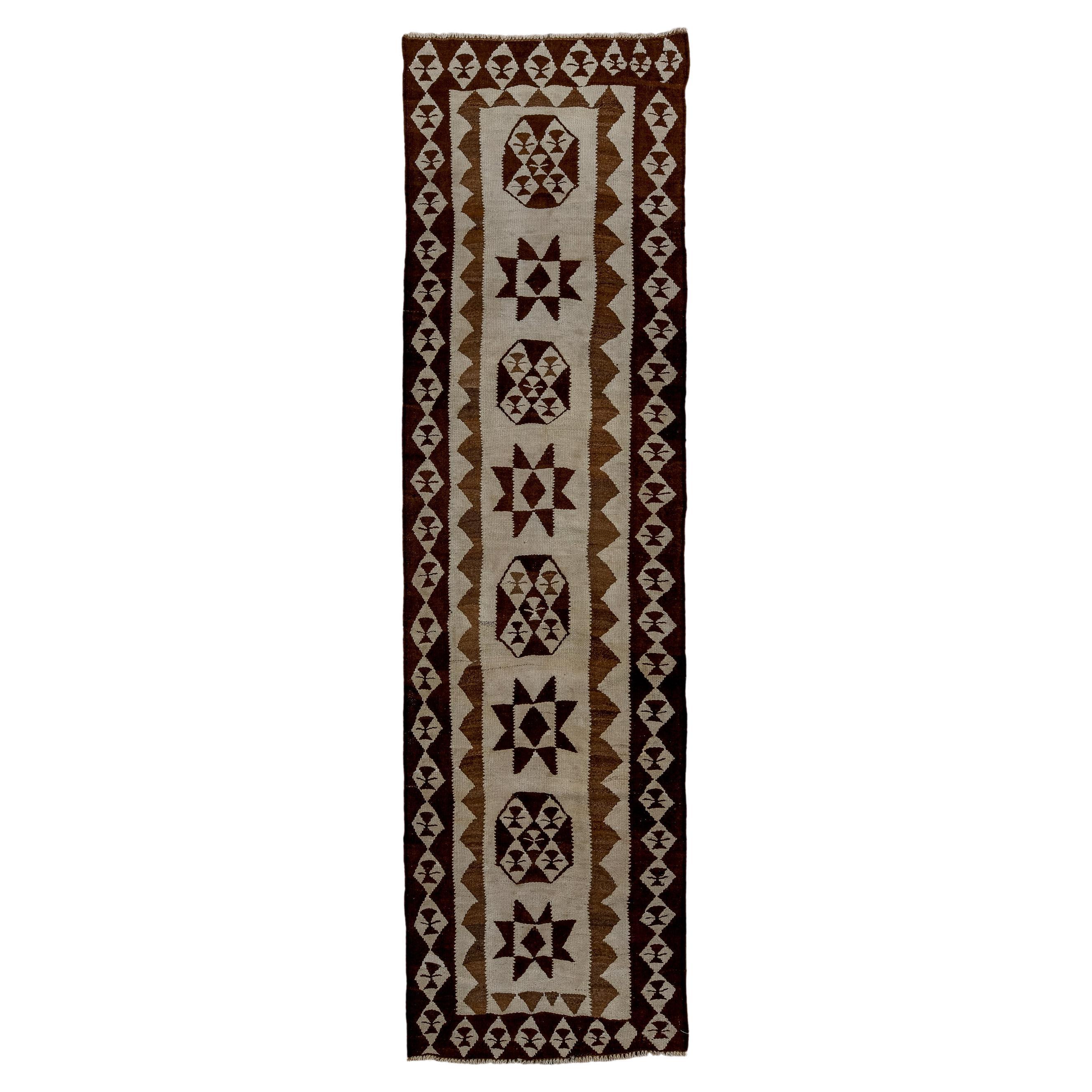 Turkish Kilim Runner with Ecru Field and Brown Border For Sale