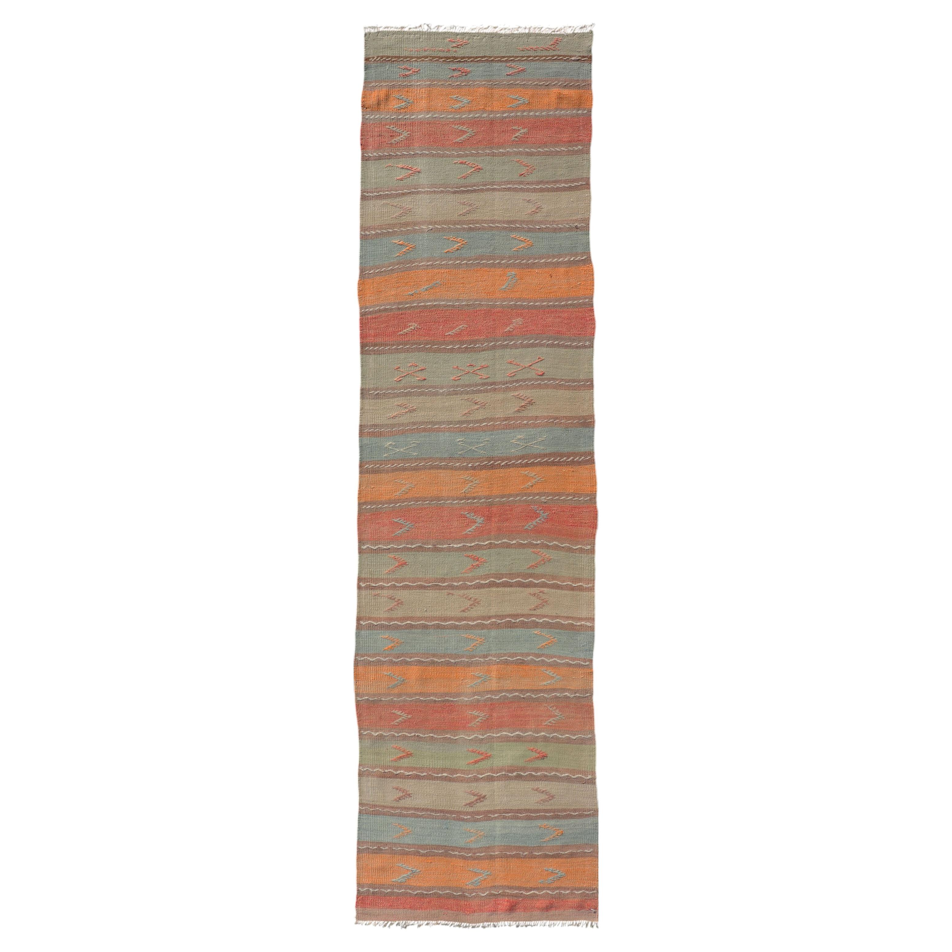 Turkish Kilim Vintage Runner with Coral, Sage, Orange and Beige Stripes