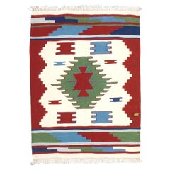 Türkischer Kilim Wolle 3x4 Elfenbein & Rot Handgefertigter Wurf-Teppich
