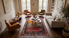 Tappeto turco in lana Kilim, stile metà secolo, con motivo geometrico a 5 pannelli nei toni dell'arancione e del rosso
