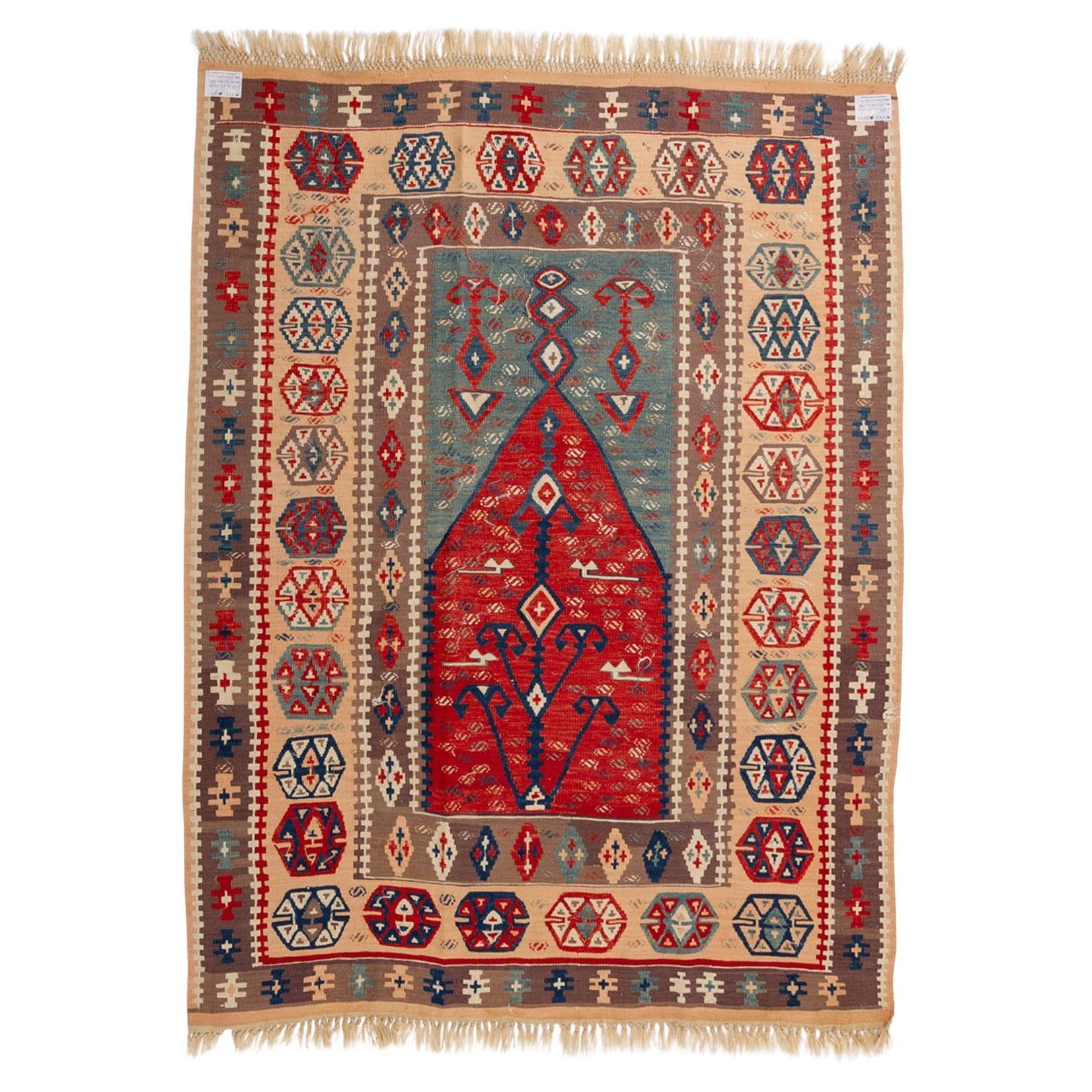 nr. 307 - Vintage Turkish kilim with prayer design and pleasant colors. 
Useful everywhere, suitable for a children's room, on which children can play.  Perfect for hanging.