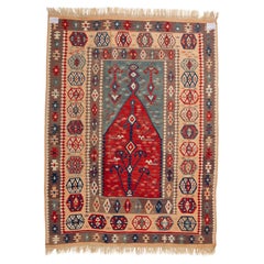 Vintage Turkish Kilim Rug, Hand-Woven Wool, Prayer Design, 1960