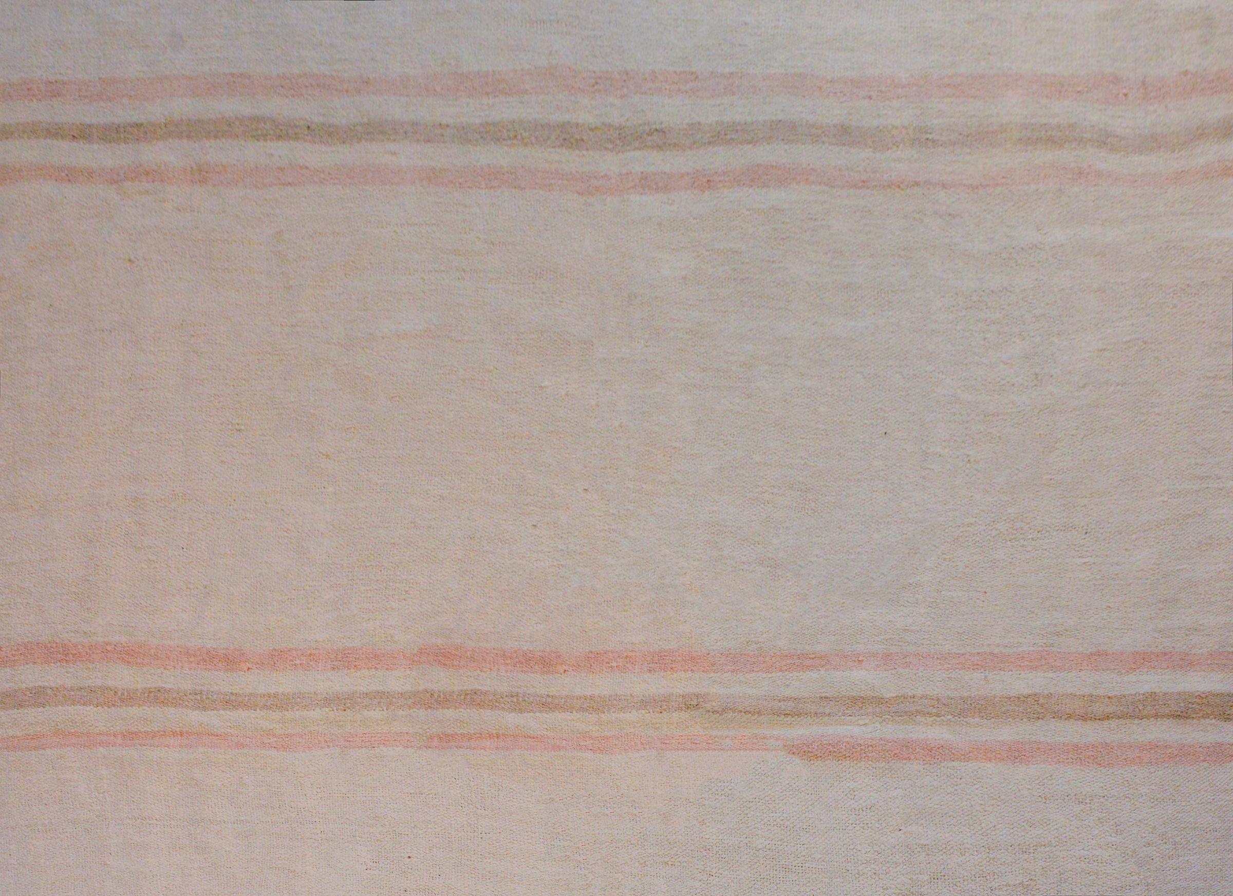 A beautiful vintage Turkish Konya Kilim rug with a simple but chic striped pattern woven in a pale pink and brown dyed cotton.