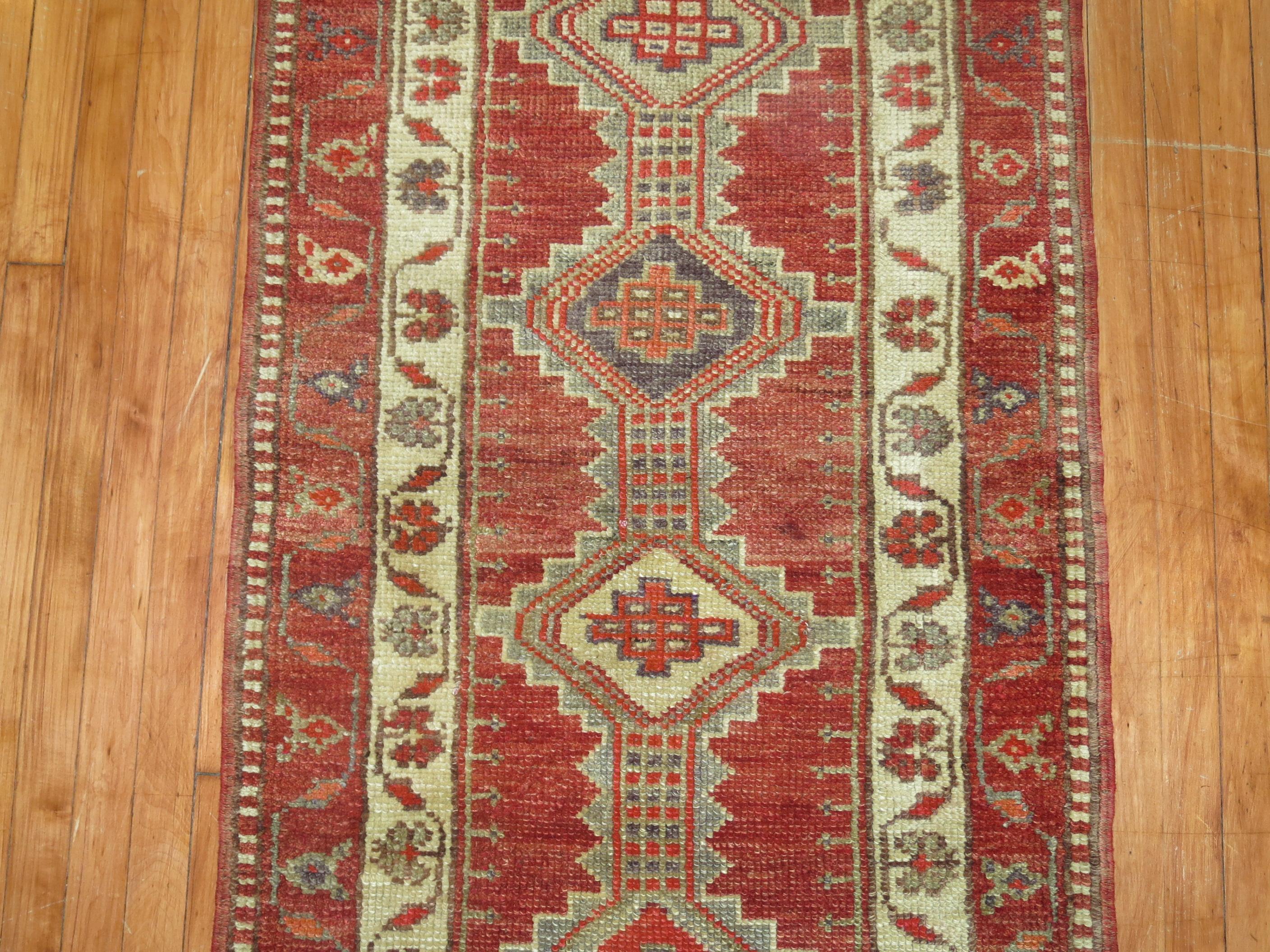 Hand-Knotted Brick Red Turkish Geometric Runner For Sale