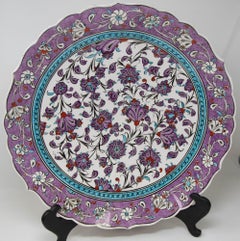 Turkish Kütahya Pottery Hand Painted Wall Hanging Plate with Iznik Pattern 1950s