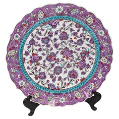 Turkish Kütahya Pottery Hand Painted Wall Hanging Plate with Iznik Pattern 1950s