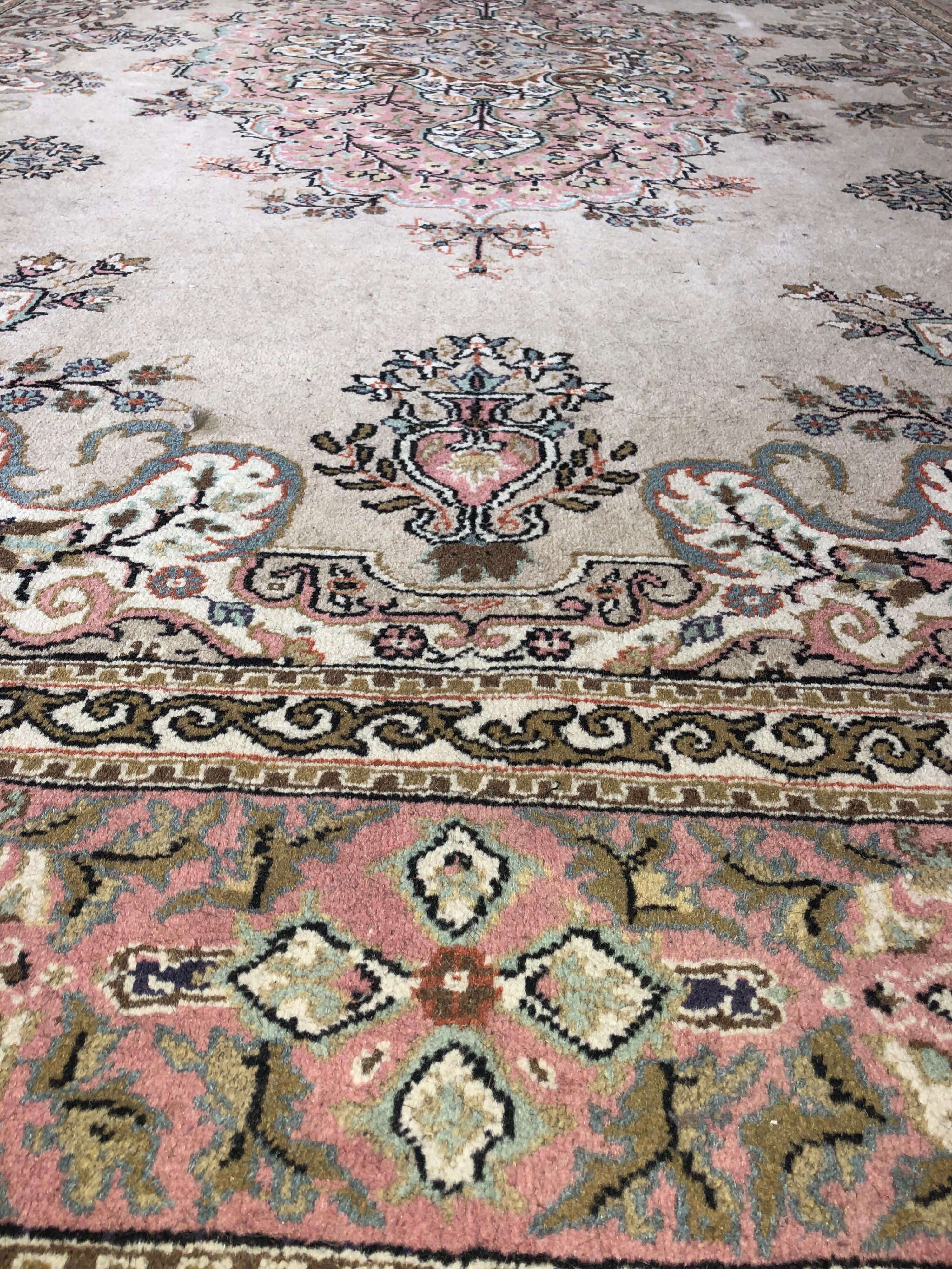 Mid-Century Modern Turkish Large Carpet Kilim Pink Blue Floral Motives Elegant Asian Design SALE 