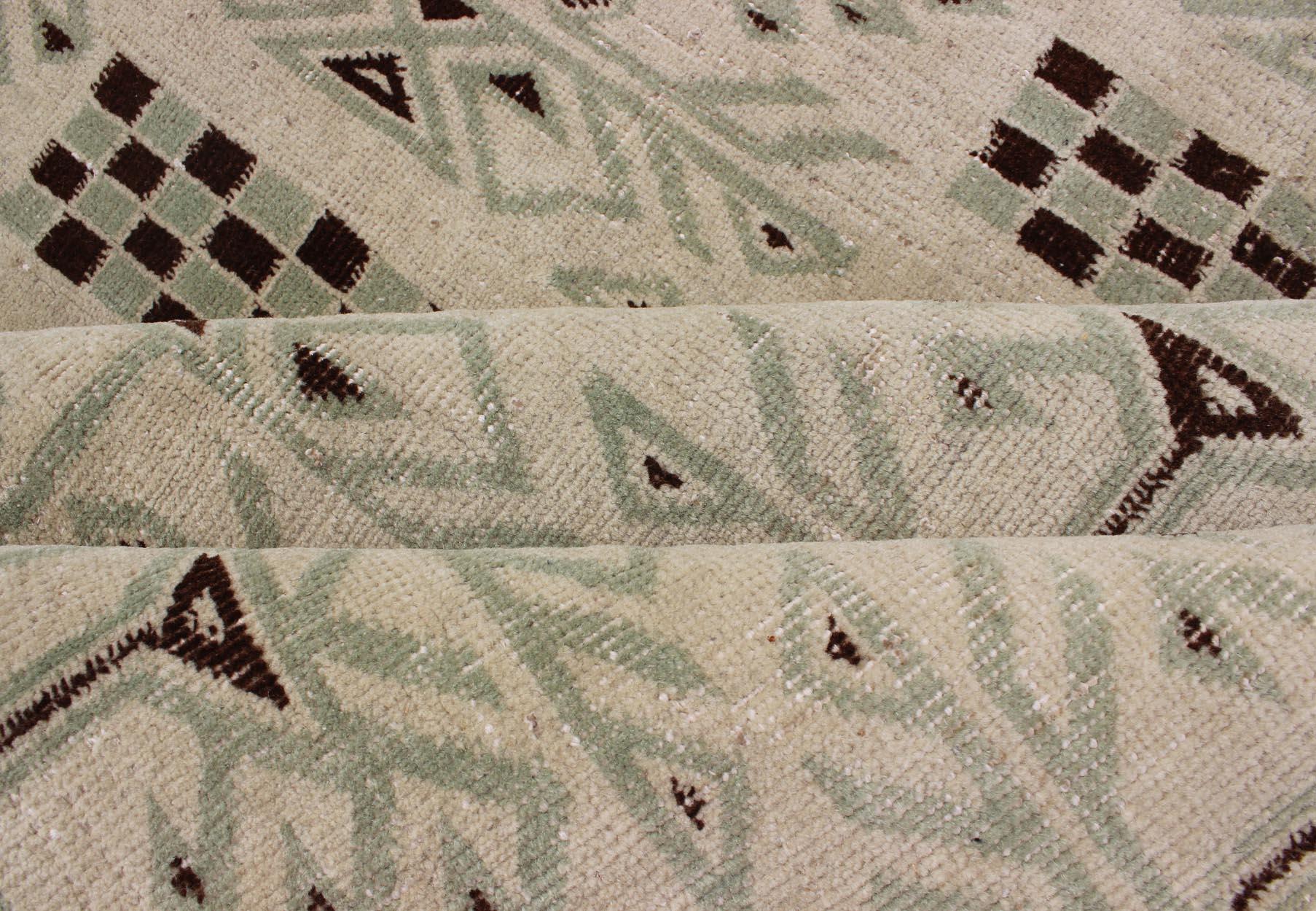 20th Century Turkish Mid-Century Modern Rug with Contemporary Design in Light Green and Brown For Sale