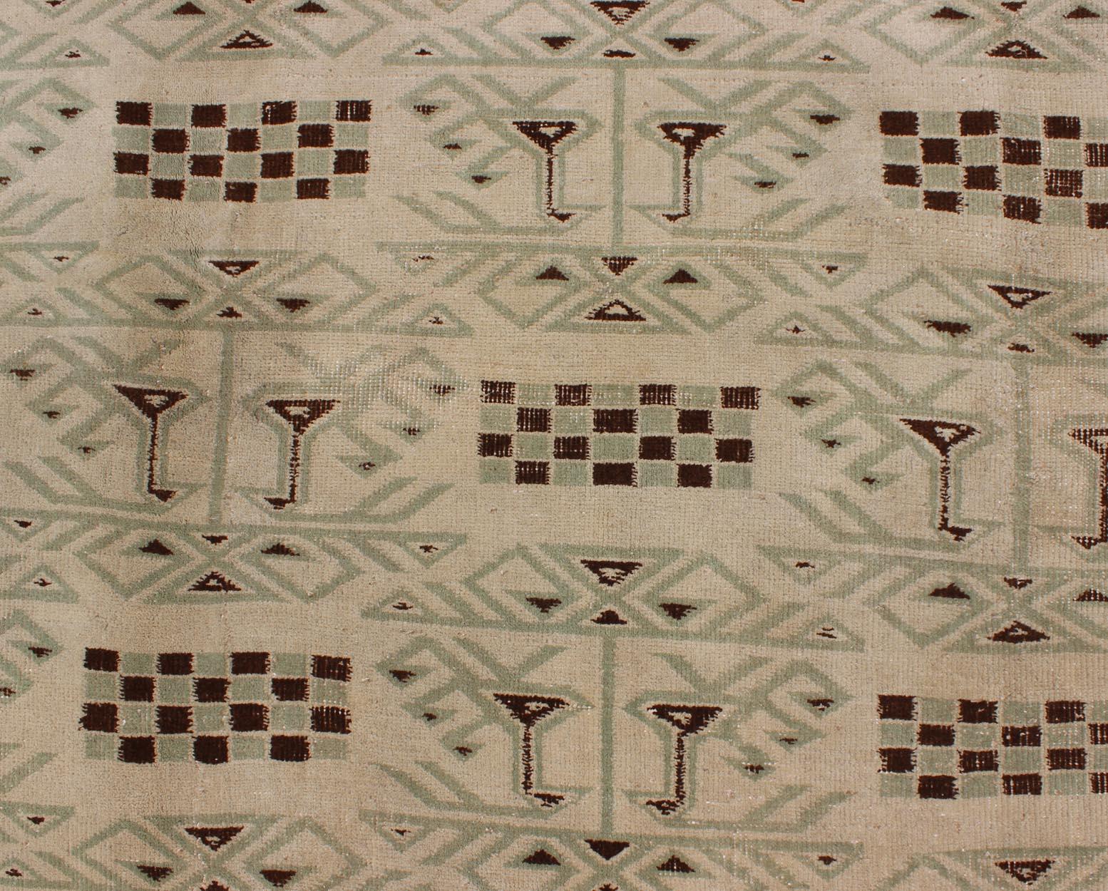 Wool Turkish Mid-Century Modern Rug with Contemporary Design in Light Green and Brown For Sale