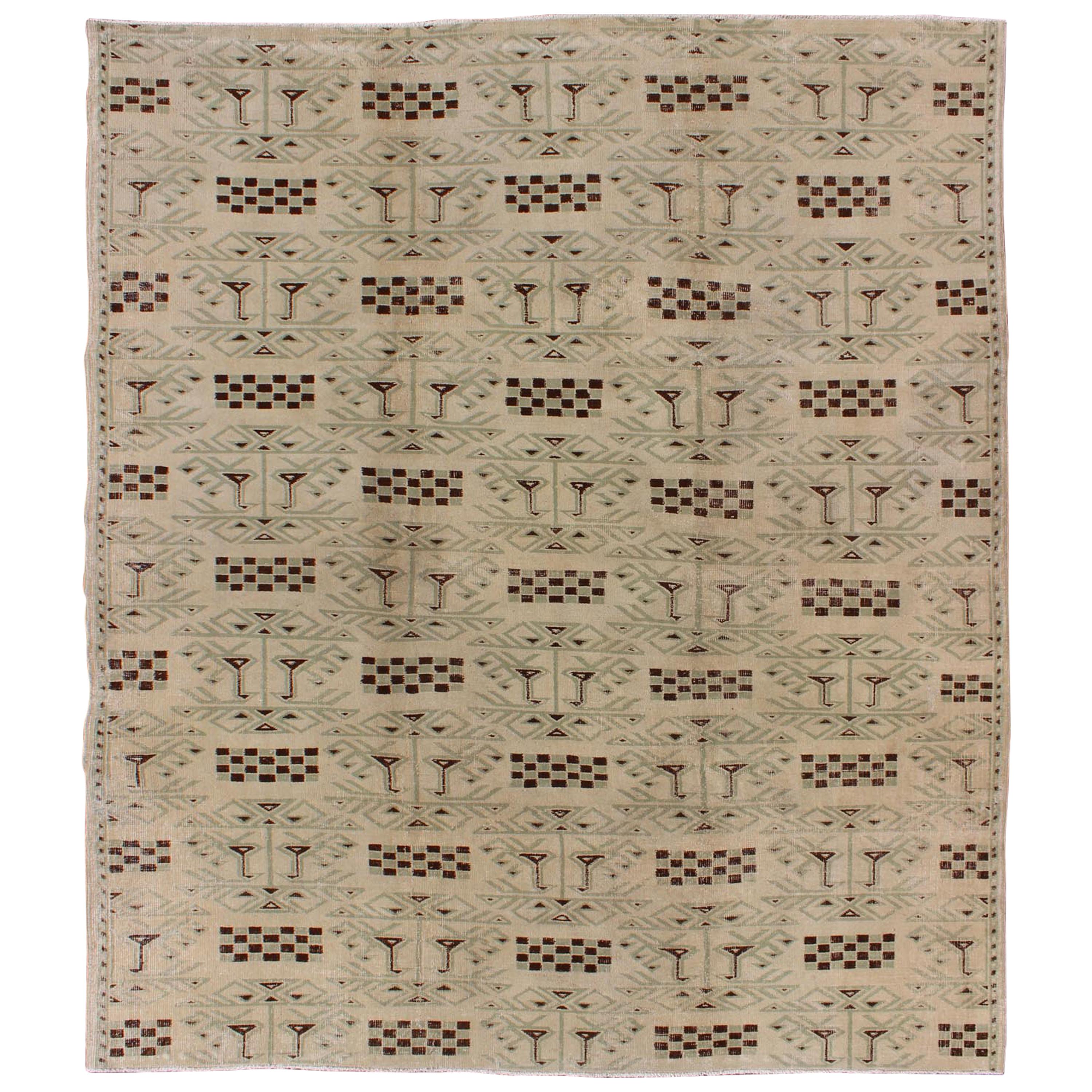 Turkish Mid-Century Modern Rug with Contemporary Design in Light Green and Brown For Sale