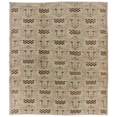Used Turkish Mid-Century Modern Rug with Contemporary Design in Light Green and Brown