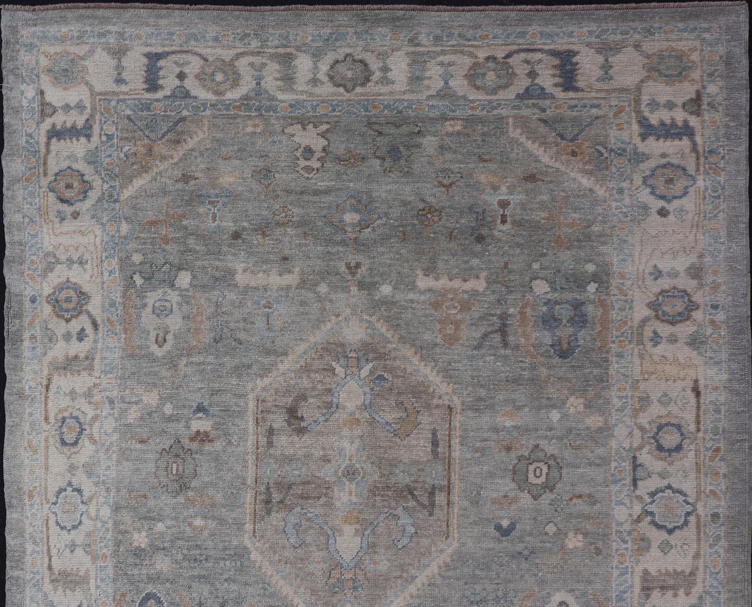 Hand-Knotted Turkish Modern Oushak Rug in Medallion Design in Gray-Blue, and Marigold  For Sale