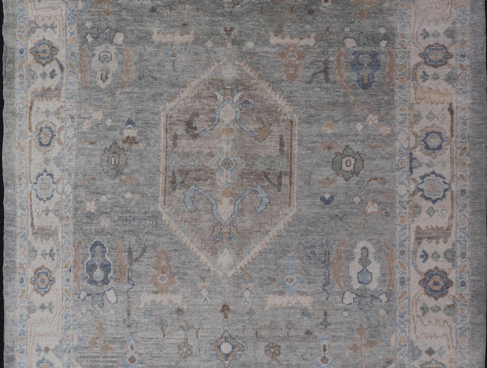 Turkish Modern Oushak Rug in Medallion Design in Gray-Blue, and Marigold  In New Condition For Sale In Atlanta, GA