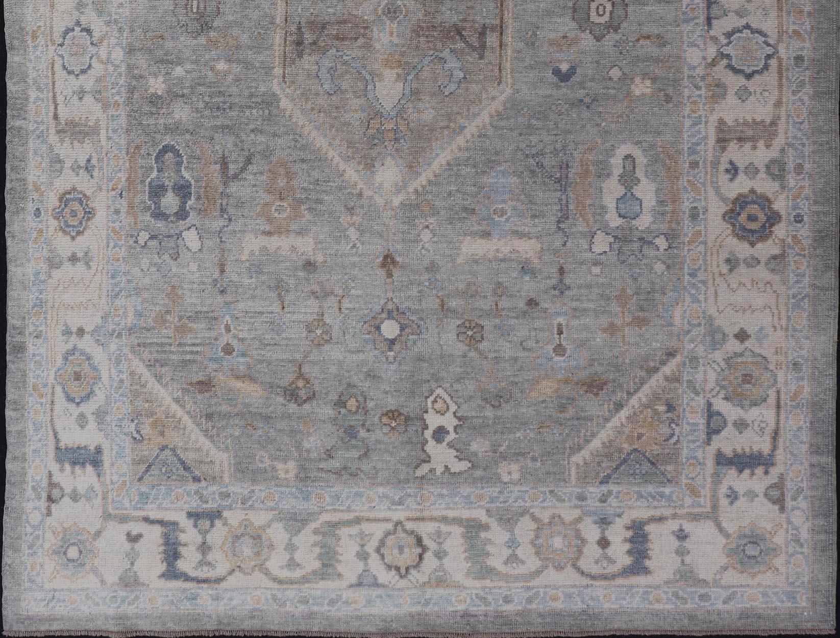 Contemporary Turkish Modern Oushak Rug in Medallion Design in Gray-Blue, and Marigold  For Sale