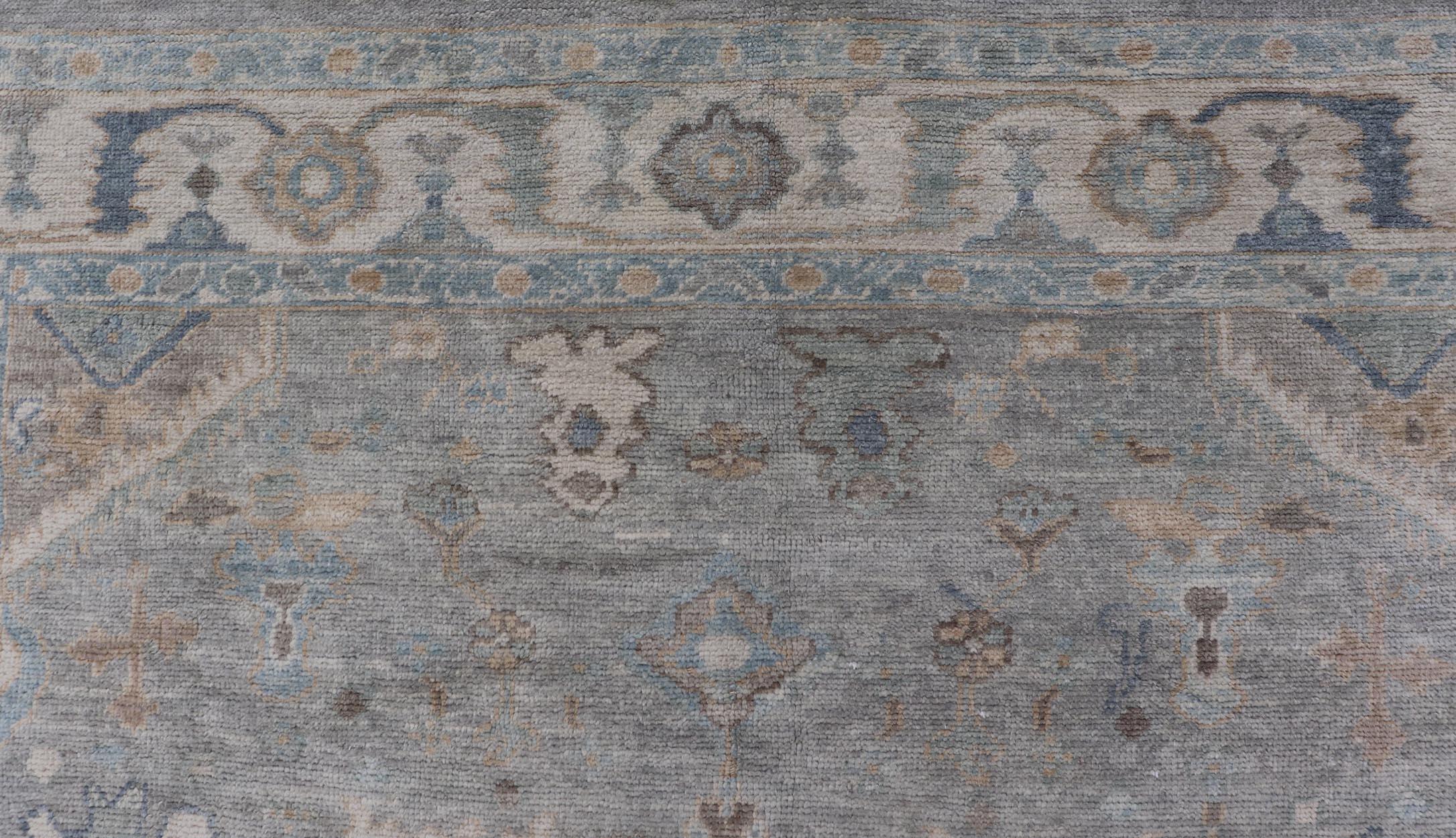 Turkish Modern Oushak Rug in Medallion Design in Gray-Blue, and Marigold  For Sale 2