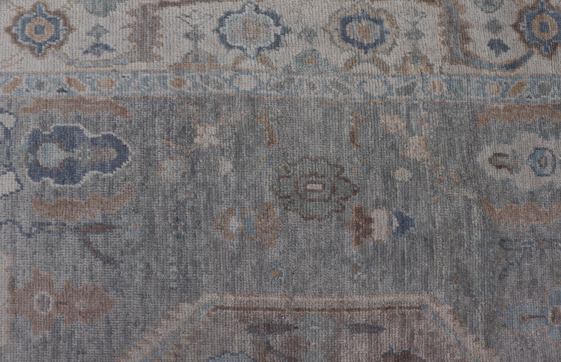 Turkish Modern Oushak Rug in Medallion Design in Gray-Blue, and Marigold  For Sale 3