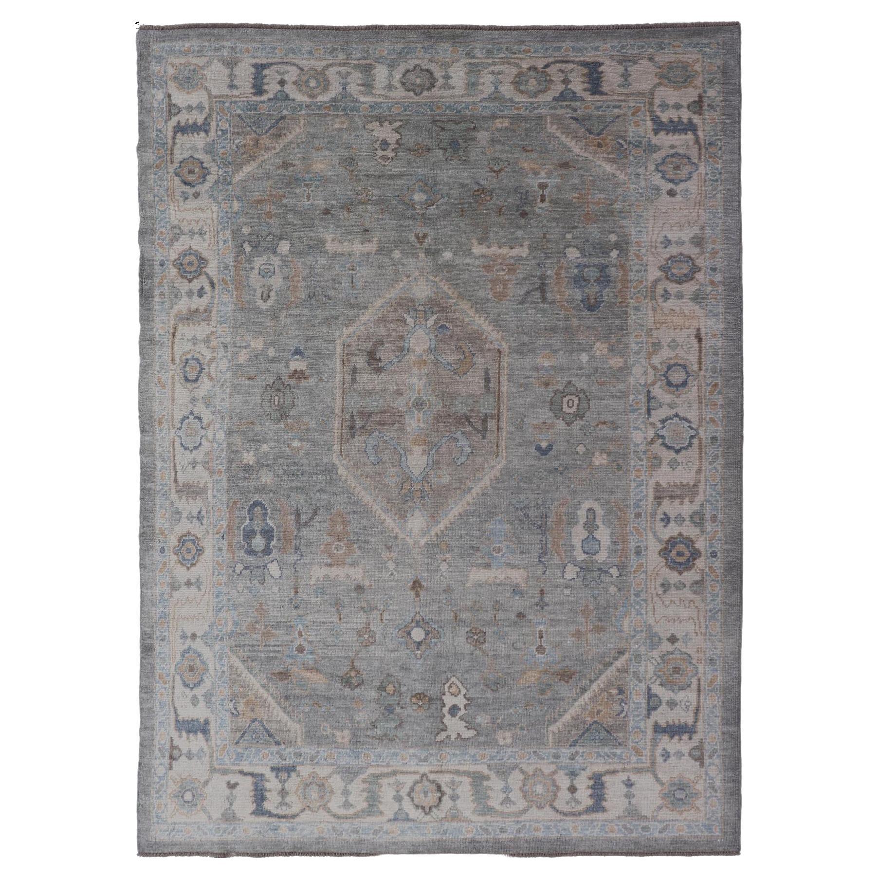 Turkish Modern Oushak Rug in Medallion Design in Gray-Blue, and Marigold  For Sale