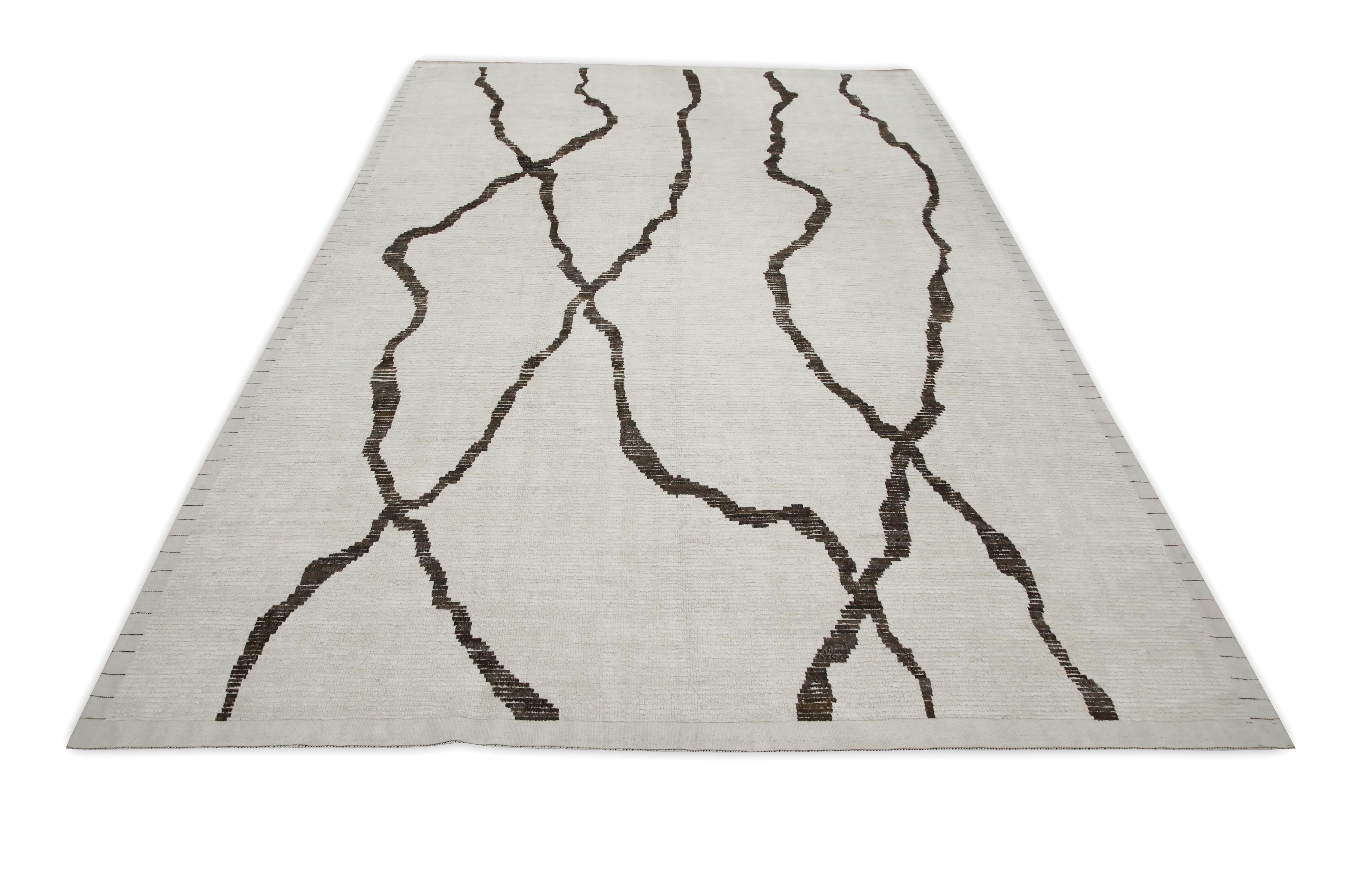 Tappeto moderno turco Crema con lana marrone scuro annodato a mano 8'9
