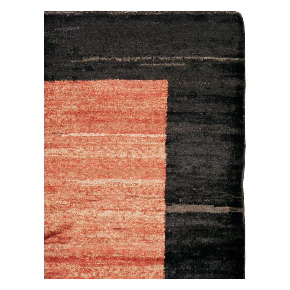 Hand-Knotted Turkish Modernist Square Shag Rug in Coral and Black For Sale