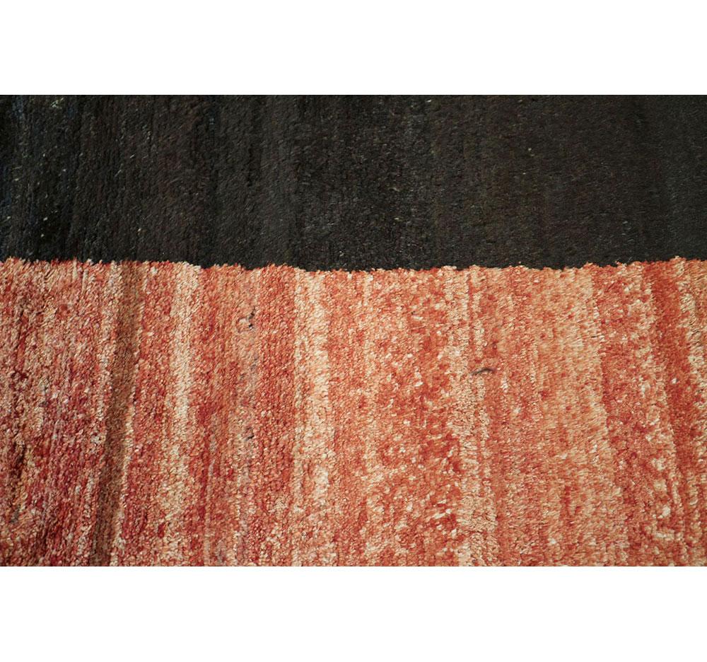 Wool Turkish Modernist Square Shag Rug in Coral and Black For Sale
