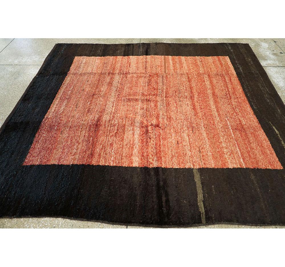 Turkish Modernist Square Shag Rug in Coral and Black For Sale 1