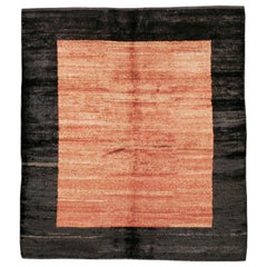 Vintage Turkish Modernist Square Shag Rug in Coral and Black