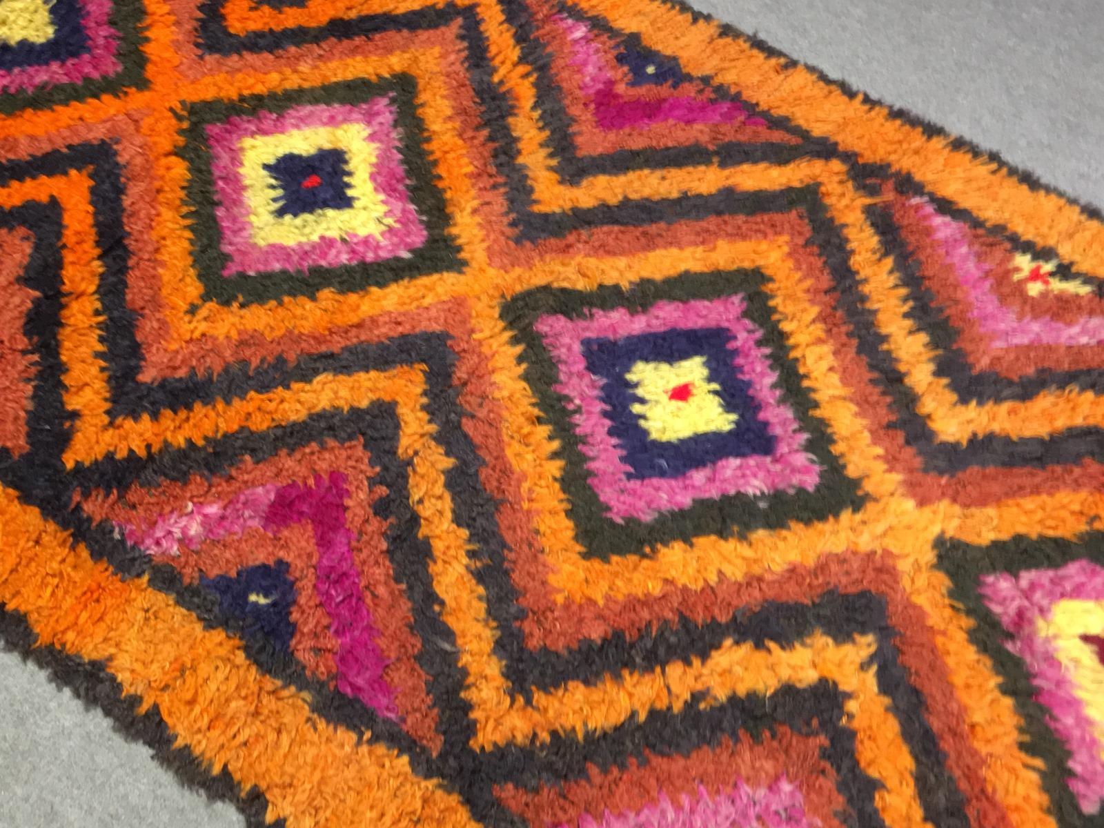 Turkish Mohair Rug Tulu Runner in Orange, Lilac and Brown Vintage Carpet For Sale 2