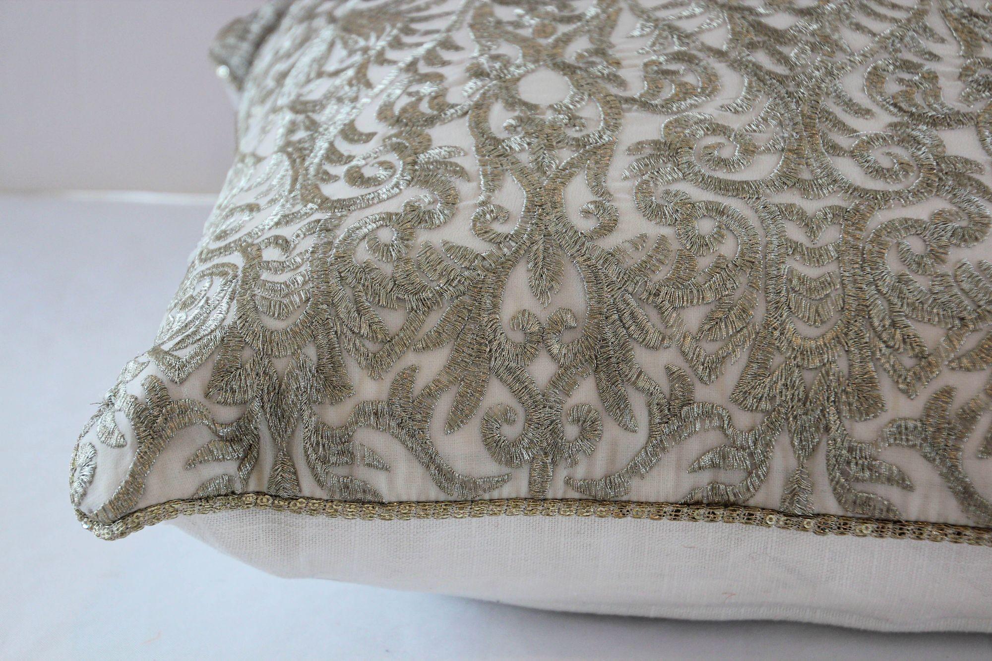 Turkish Moorish Ottoman Style Throw Pillow with Silver Metallic Embroidery For Sale 5