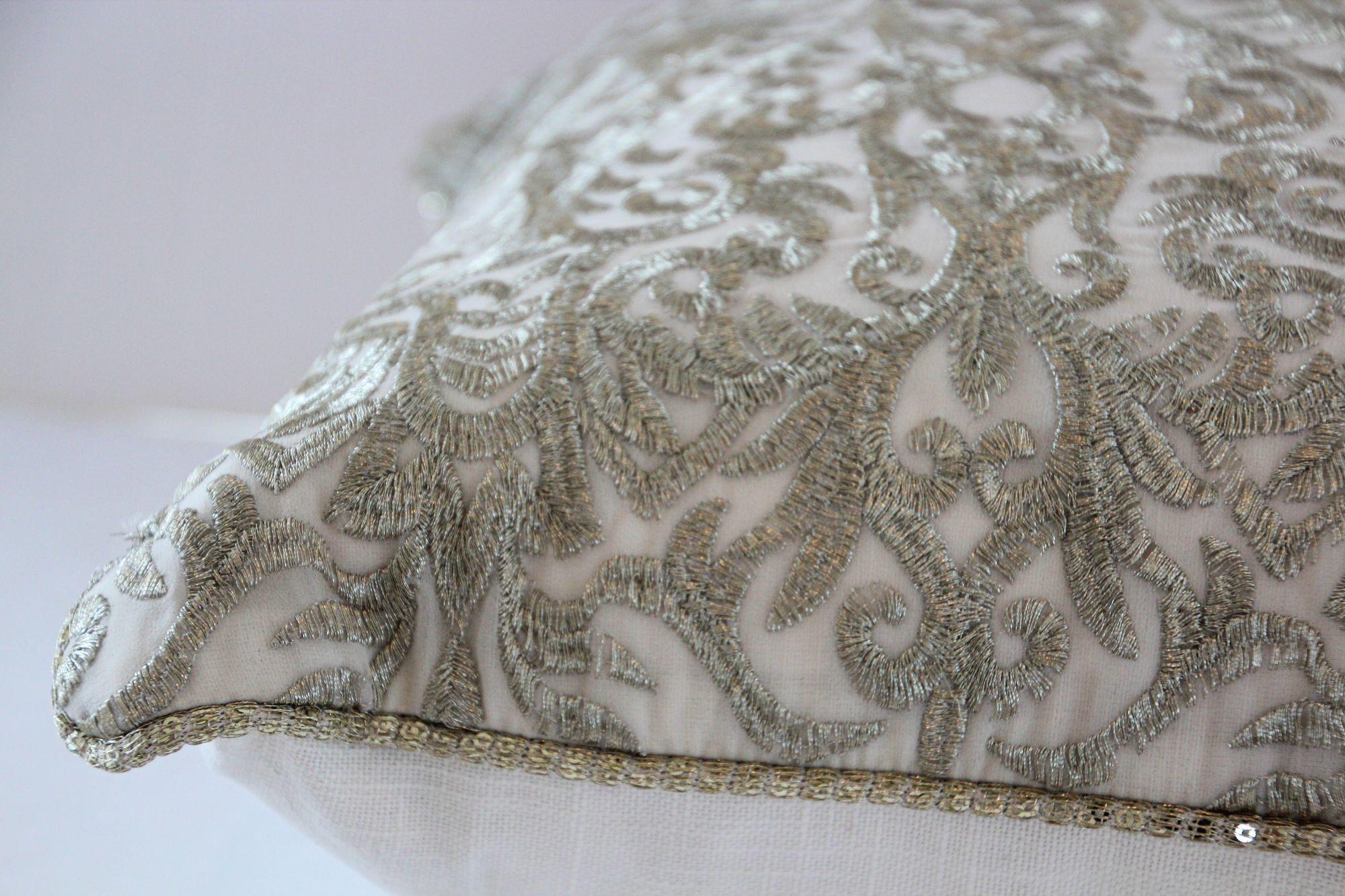 Turkish Moorish Ottoman Style Throw Pillow with Silver Metallic Embroidery For Sale 8