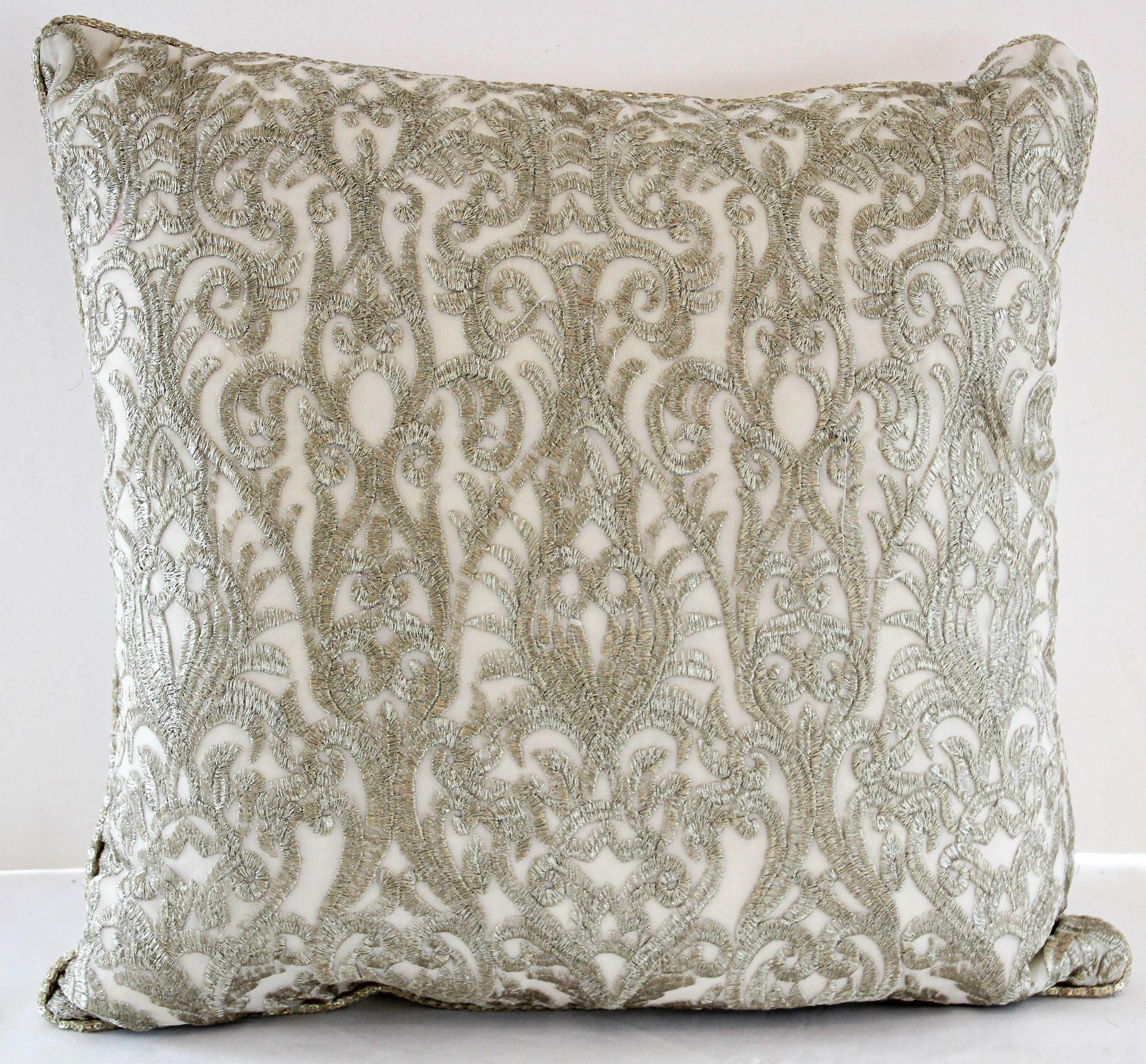 Turkish Moorish Ottoman style throw pillow with silver Metallic embroidery.
Featuring heavy foliage silver threads sarma embroidery.
Raised silver metallic embroidery bordered with silver metallic beads galon on linen fabric. 
Rectangle shape and