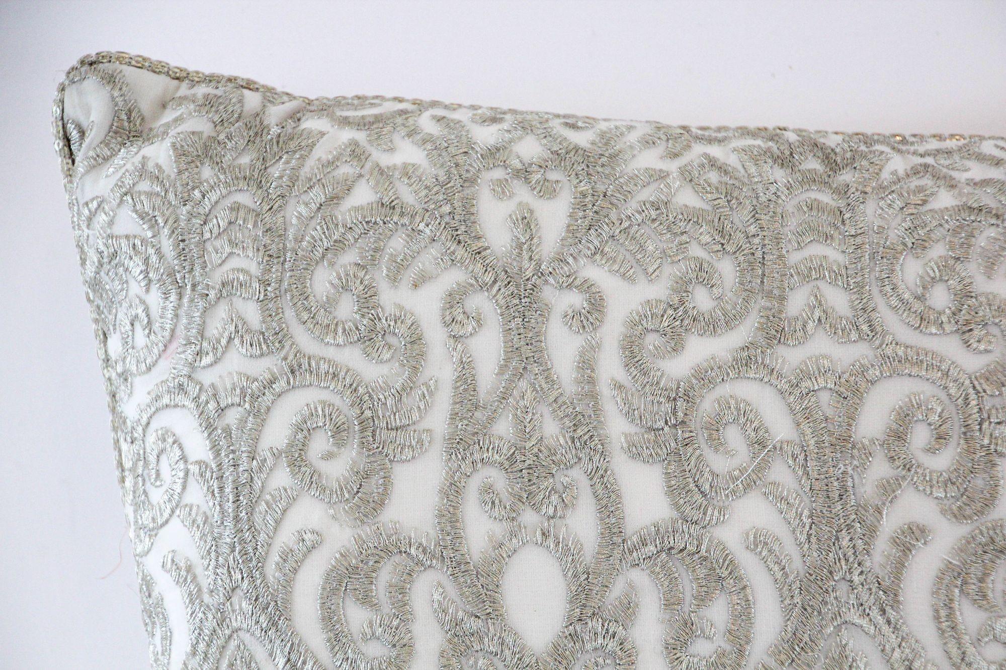 Embroidered Turkish Moorish Ottoman Style Throw Pillow with Silver Metallic Embroidery For Sale