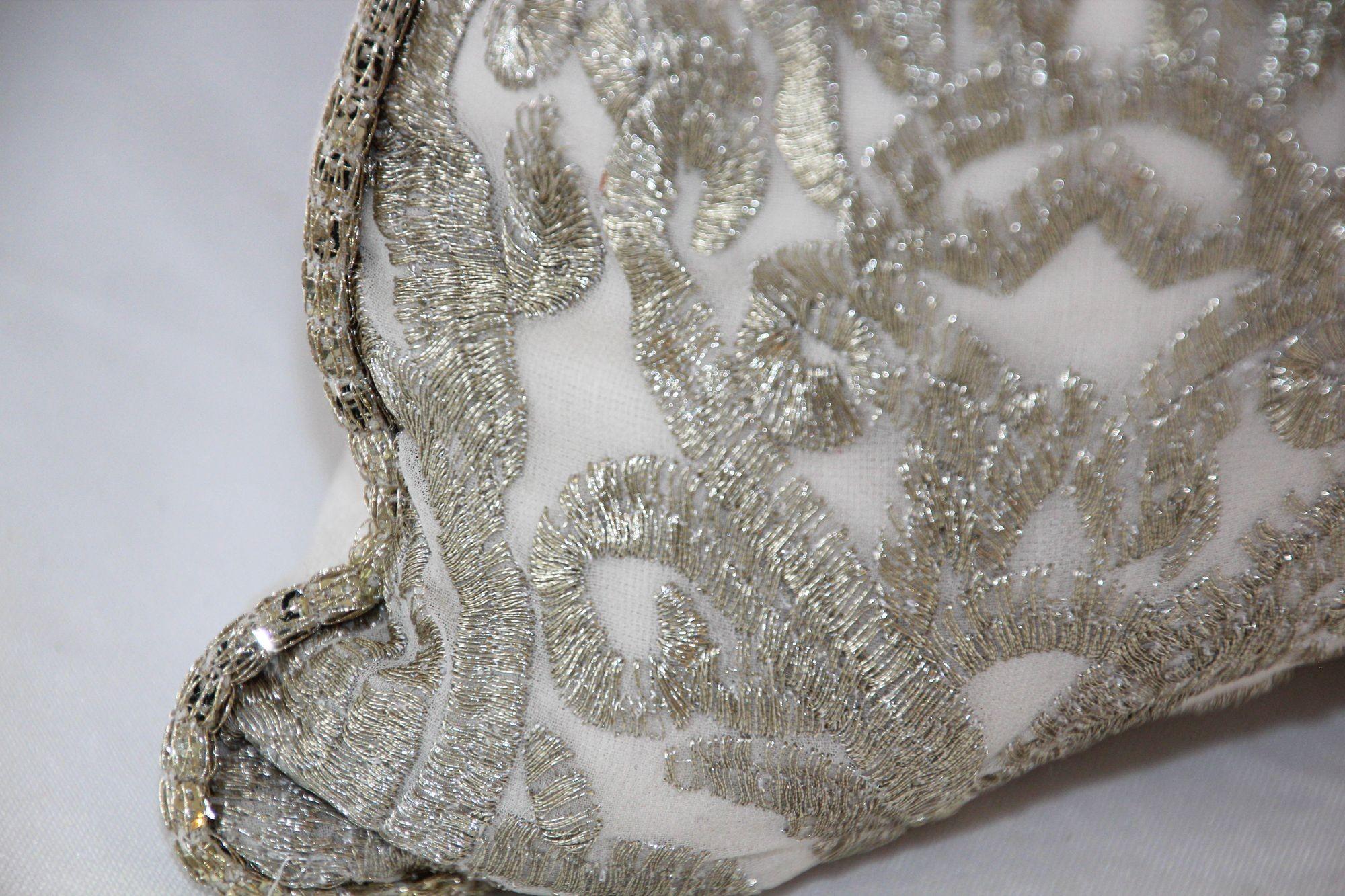 Turkish Moorish Ottoman Style Throw Pillow with Silver Metallic Embroidery For Sale 1